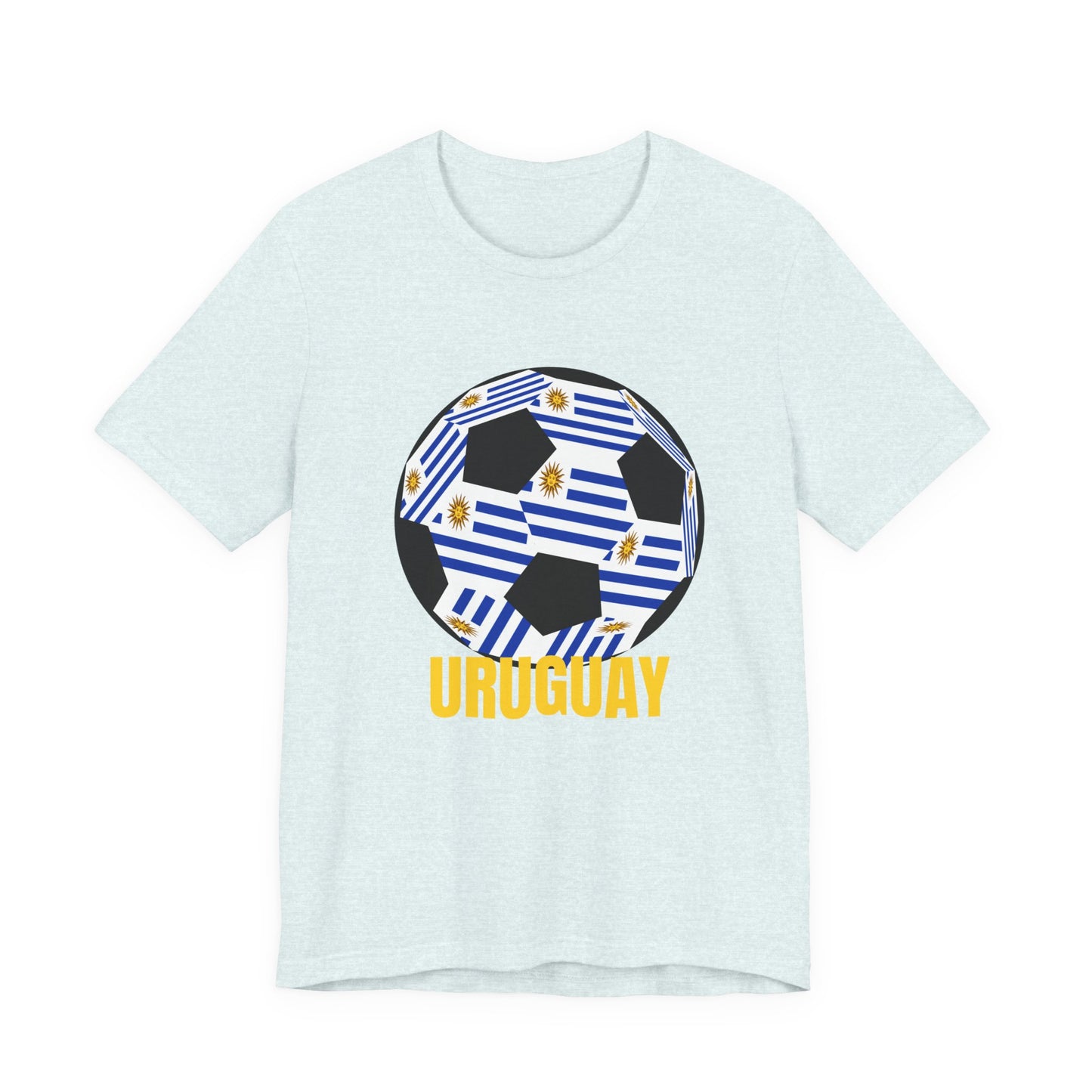 Uruguay Fan Specialty Soccer Ball Design T Shirt Gold Text