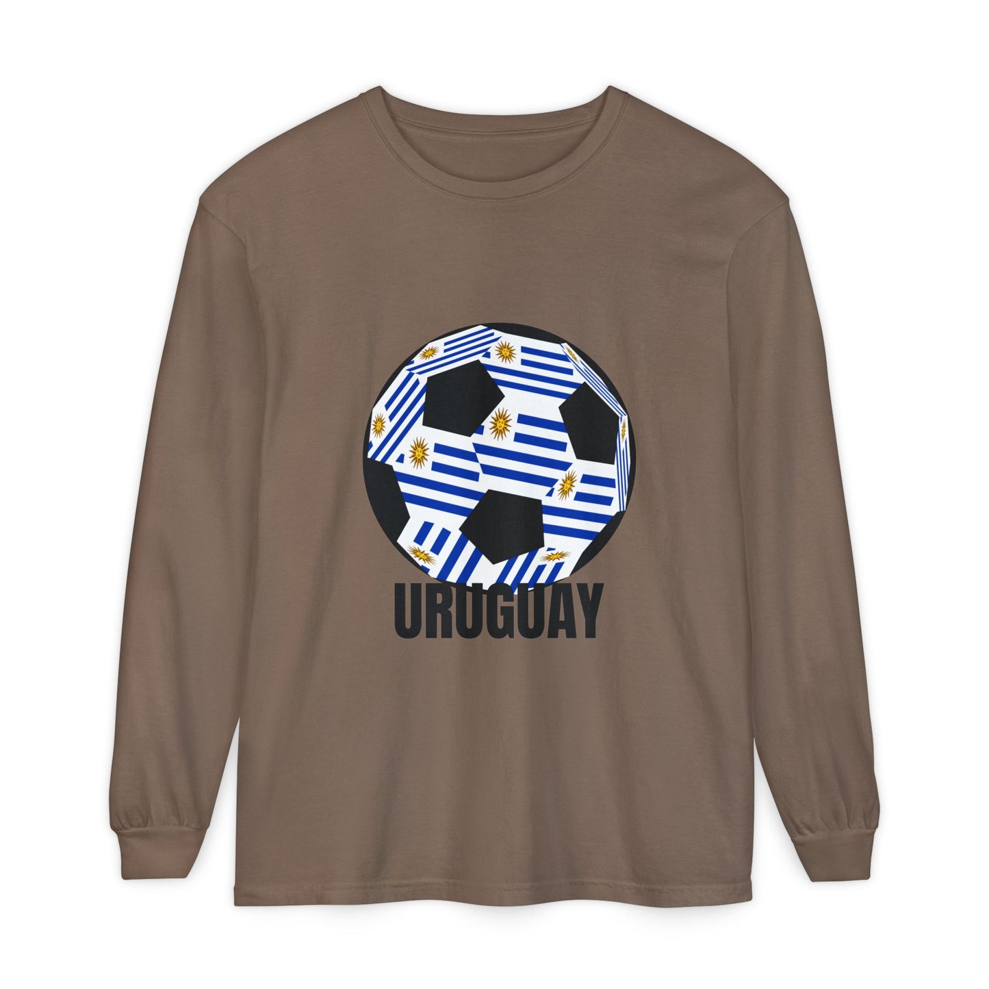 Uruguay Fan Specialty Soccer Ball Design Long Sleeve T-Shirt Black Text