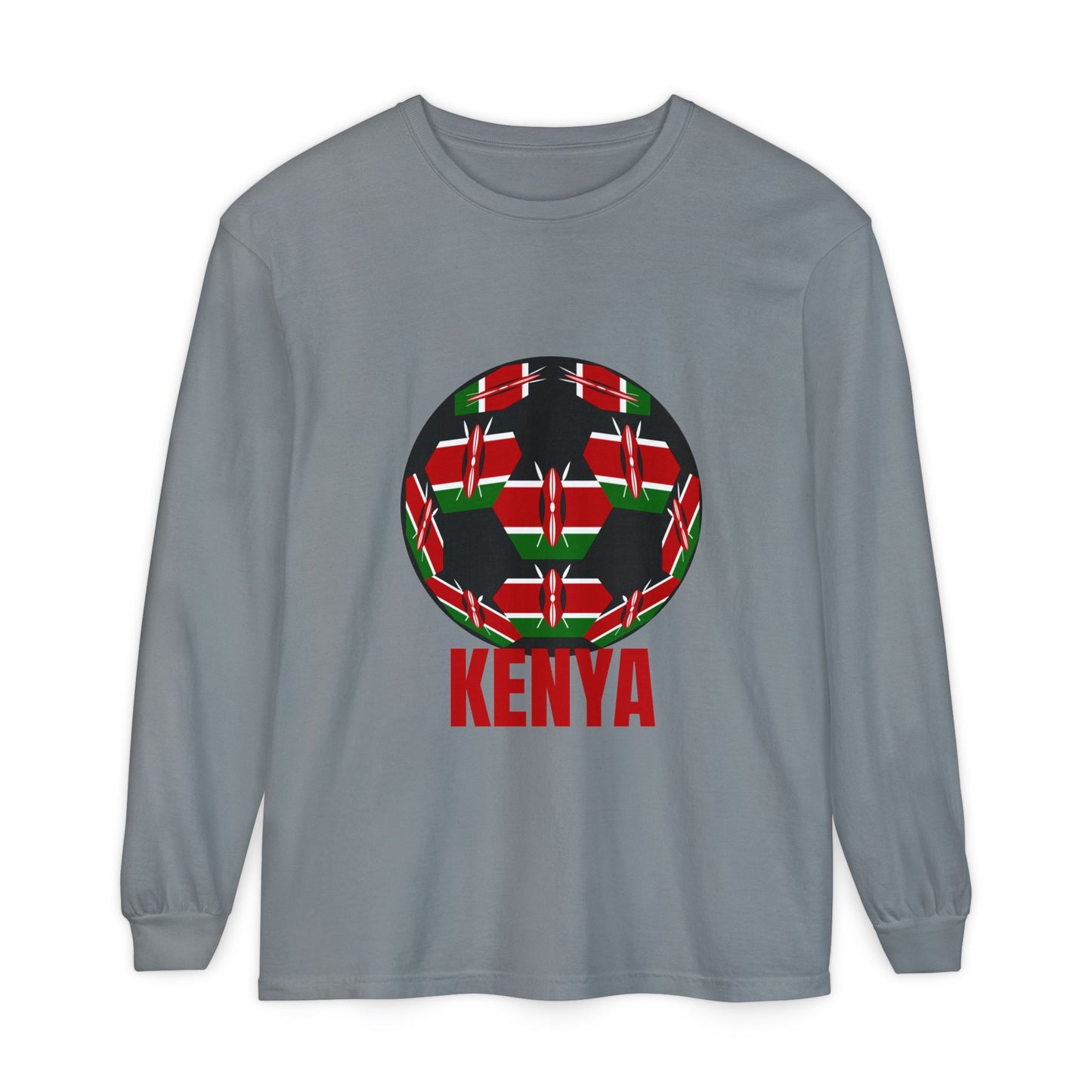 Kenya Fan Specialty Soccer Ball Design T Shirt Long Sleeve Red Text
