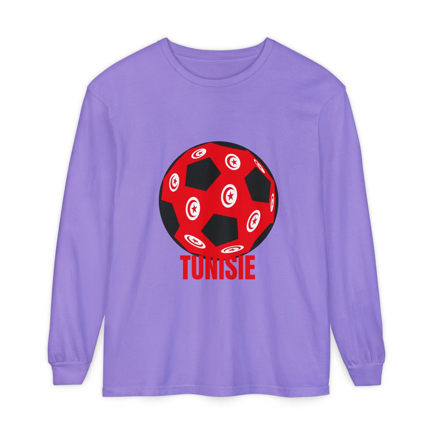 Tunisie Fan Specialty Soccer Ball Design T Shirt Long Sleeve Tee Red Text
