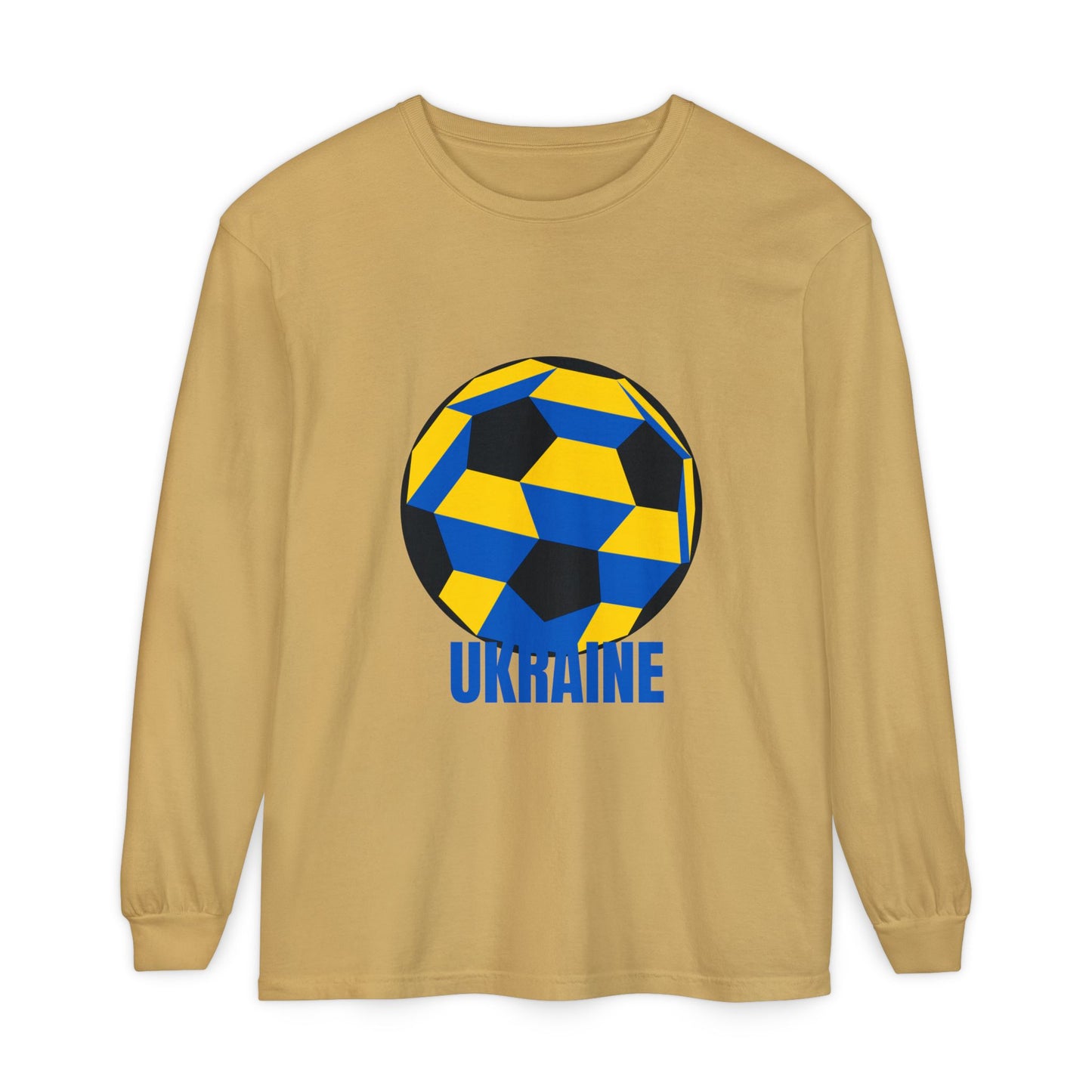Ukraine Fan Specialty Soccer Ball Design Long Sleeve Tee Blue Text