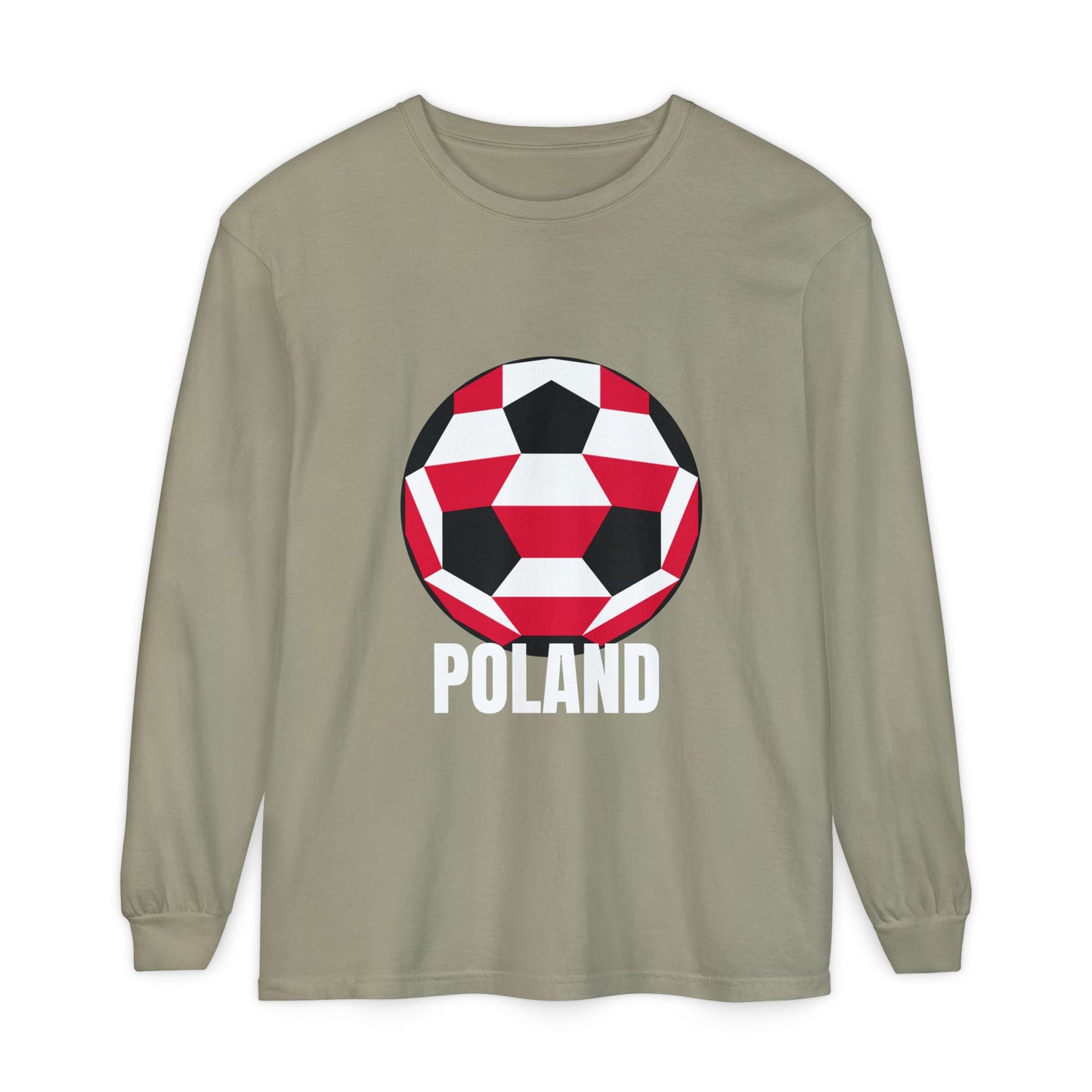 Poland Fan Specialty Soccer Ball Design T Shirt Long Sleeve Tee White Text