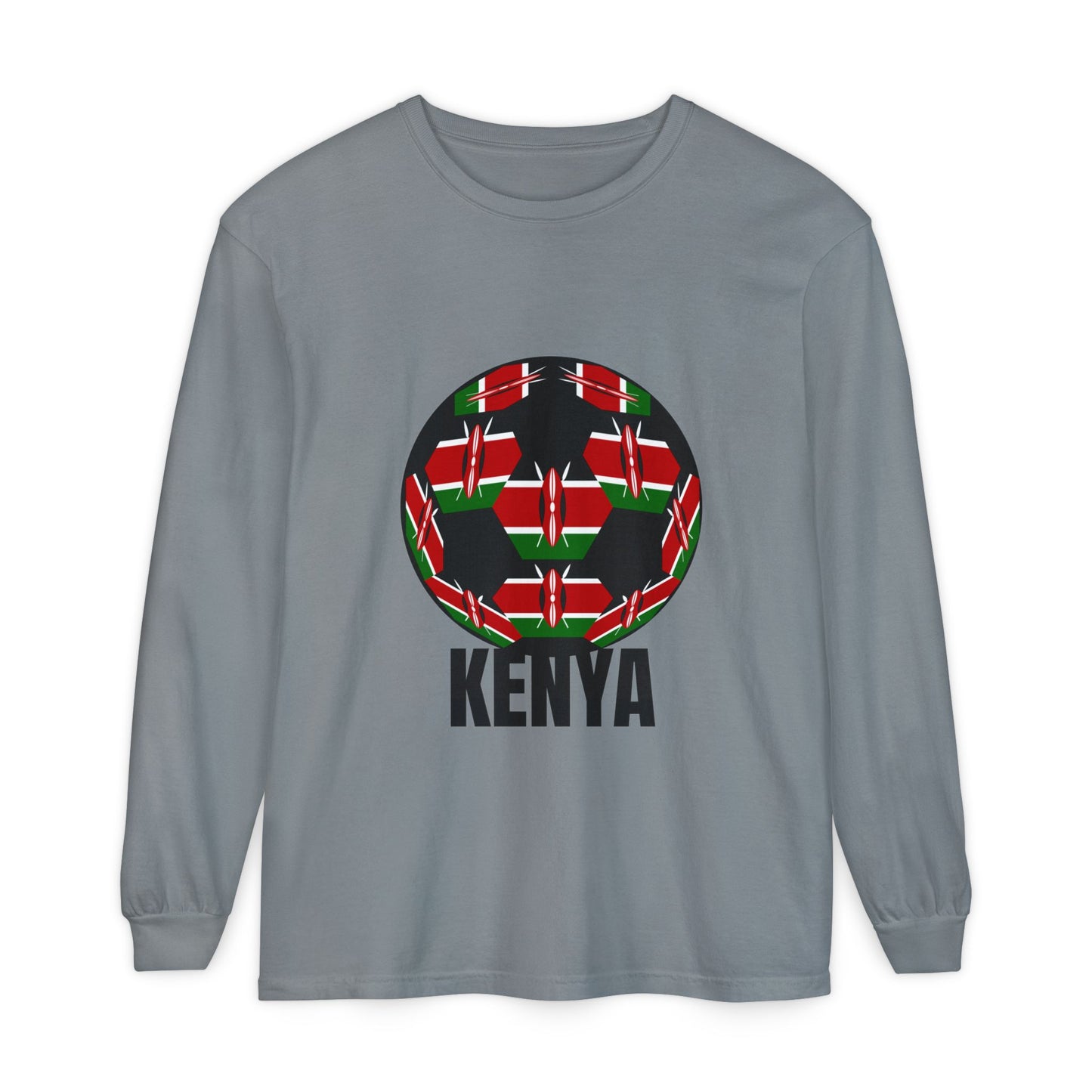 Kenya Fan Specialty Soccer Ball Design Long Sleeve Tee Black Text