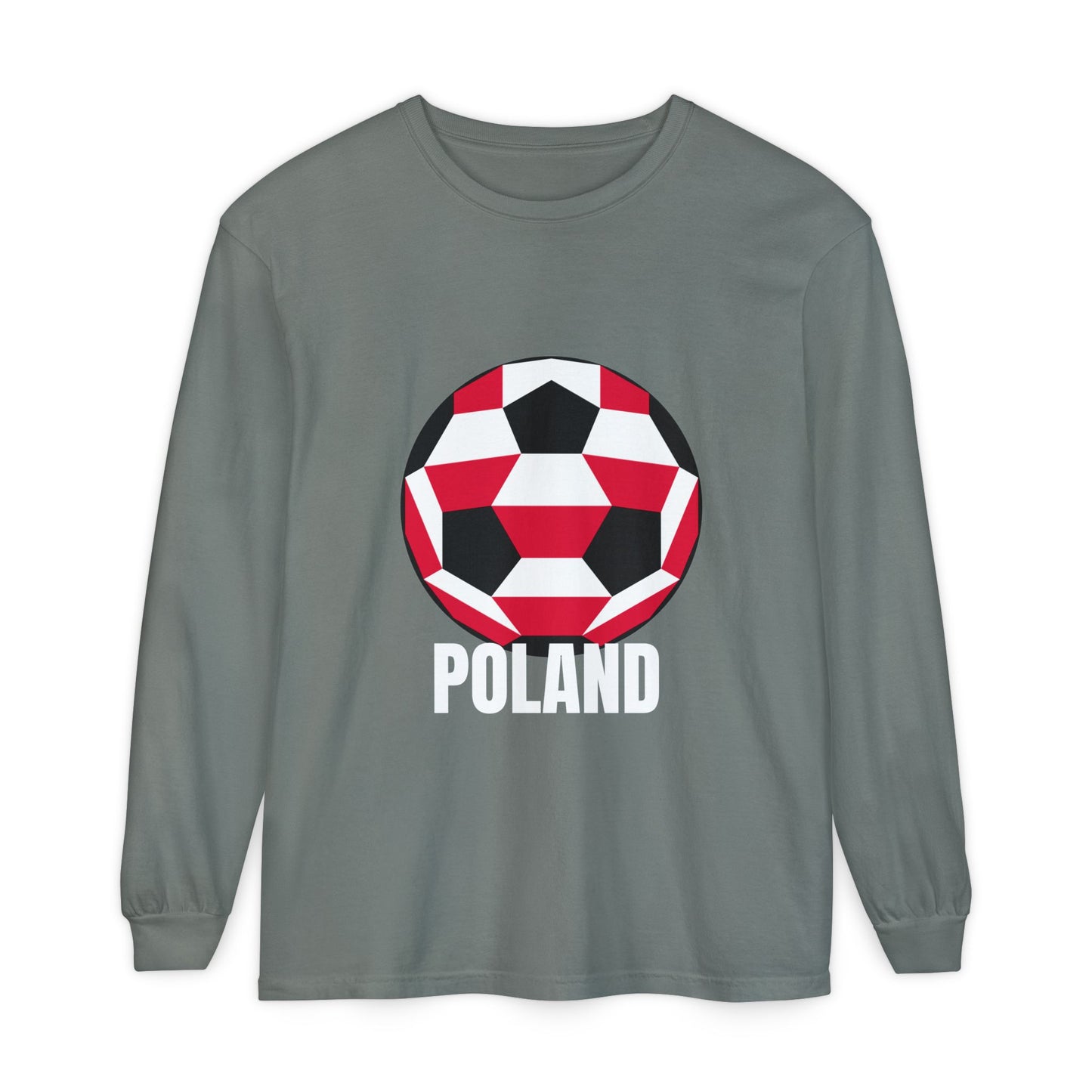 Poland Fan Specialty Soccer Ball Design T Shirt Long Sleeve Tee White Text