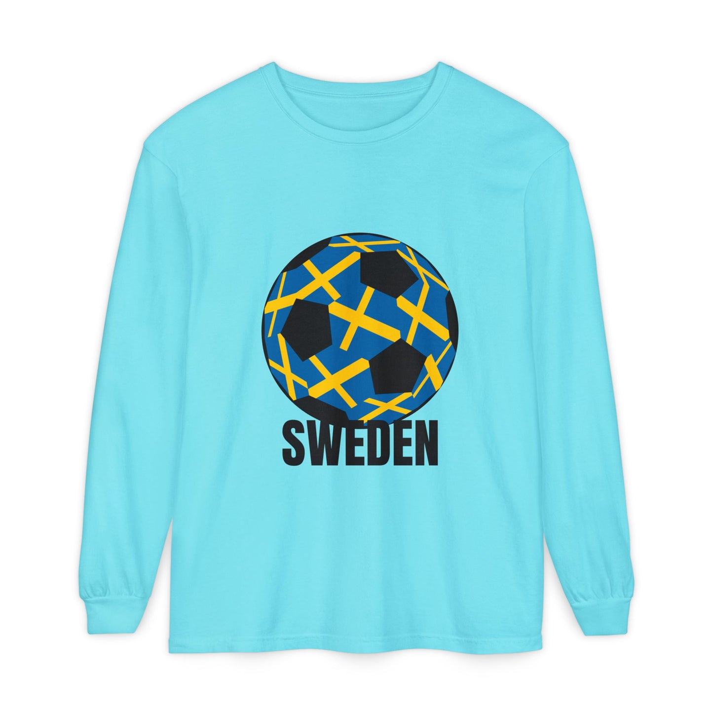 Sweden Fan Specialty Soccer Ball Design Long Sleeve Tee Black Text