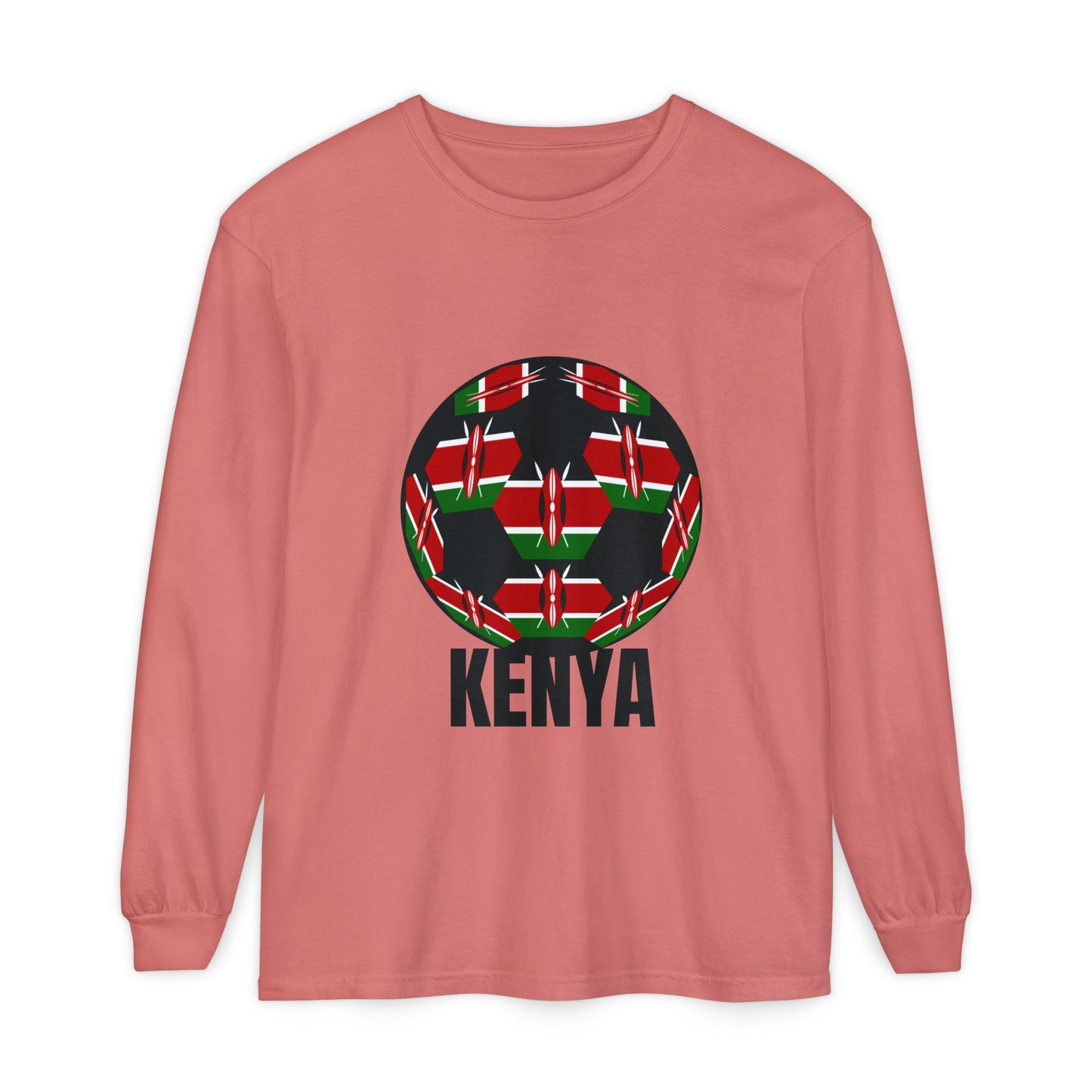 Kenya Fan Specialty Soccer Ball Design Long Sleeve Tee Black Text