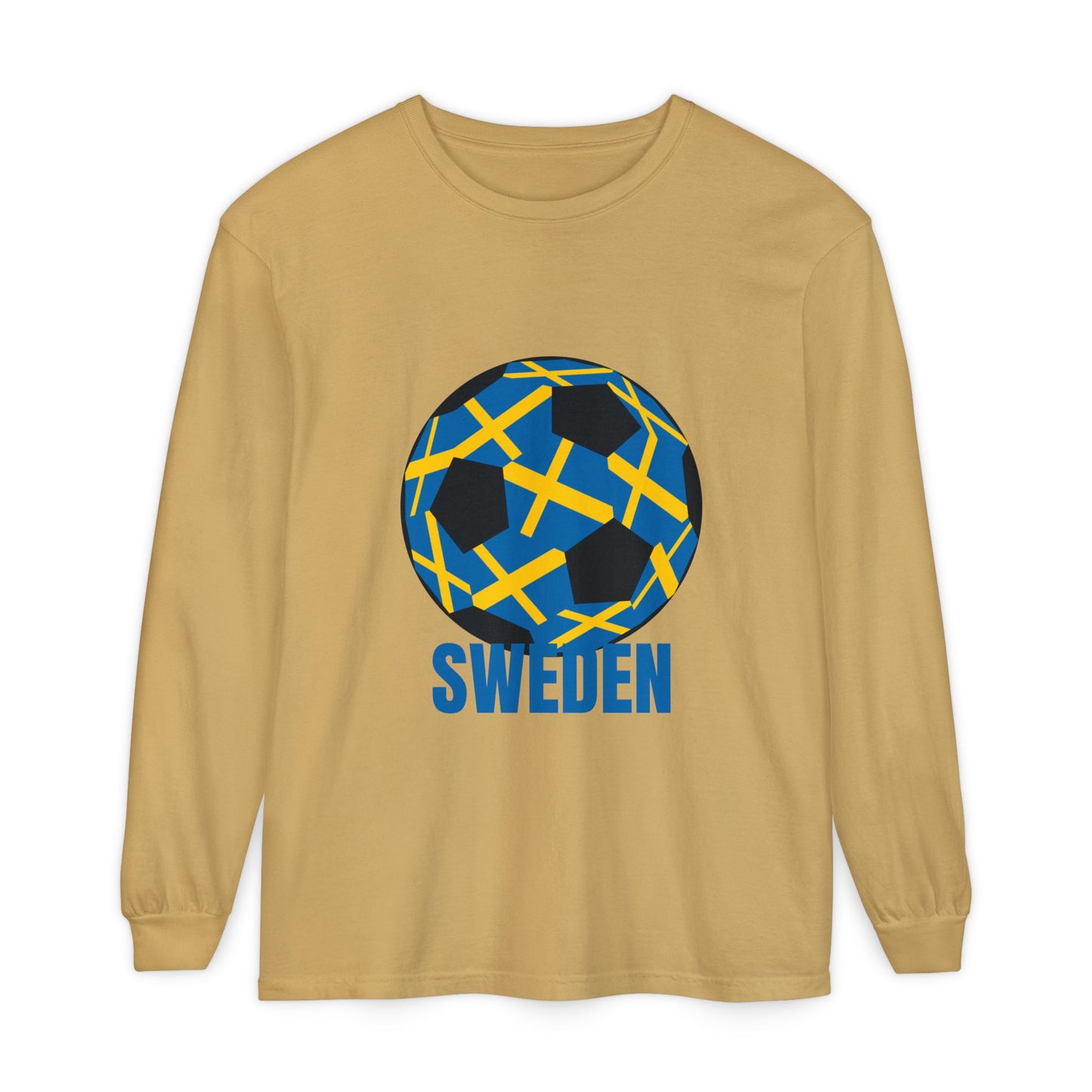 Sweden Fan Specialty Soccer Ball Design Long Sleeve Tee Blue Text
