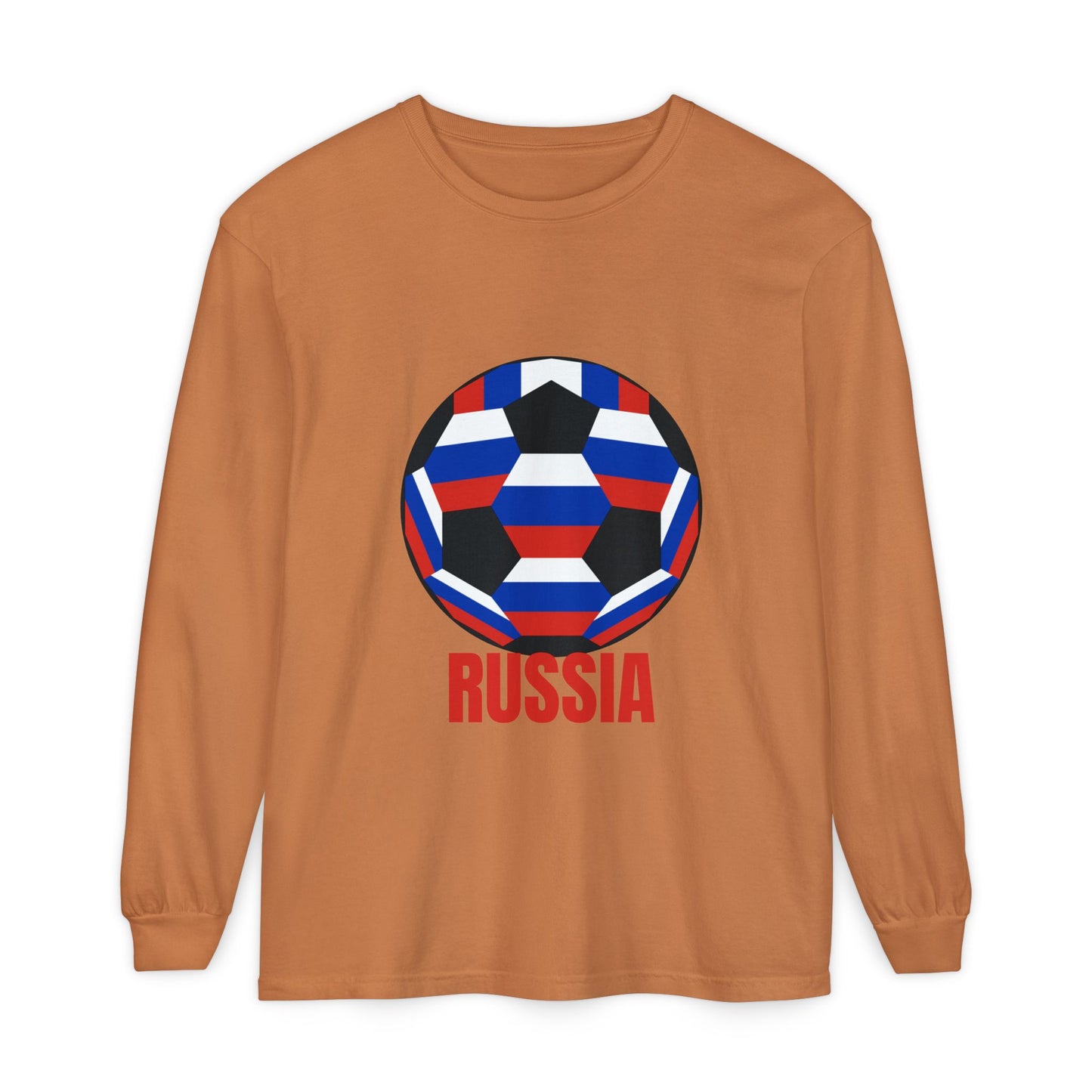 Russia Fan Specialty Soccer Ball Design T Shirt Long Sleeve T-Shirt Red Text