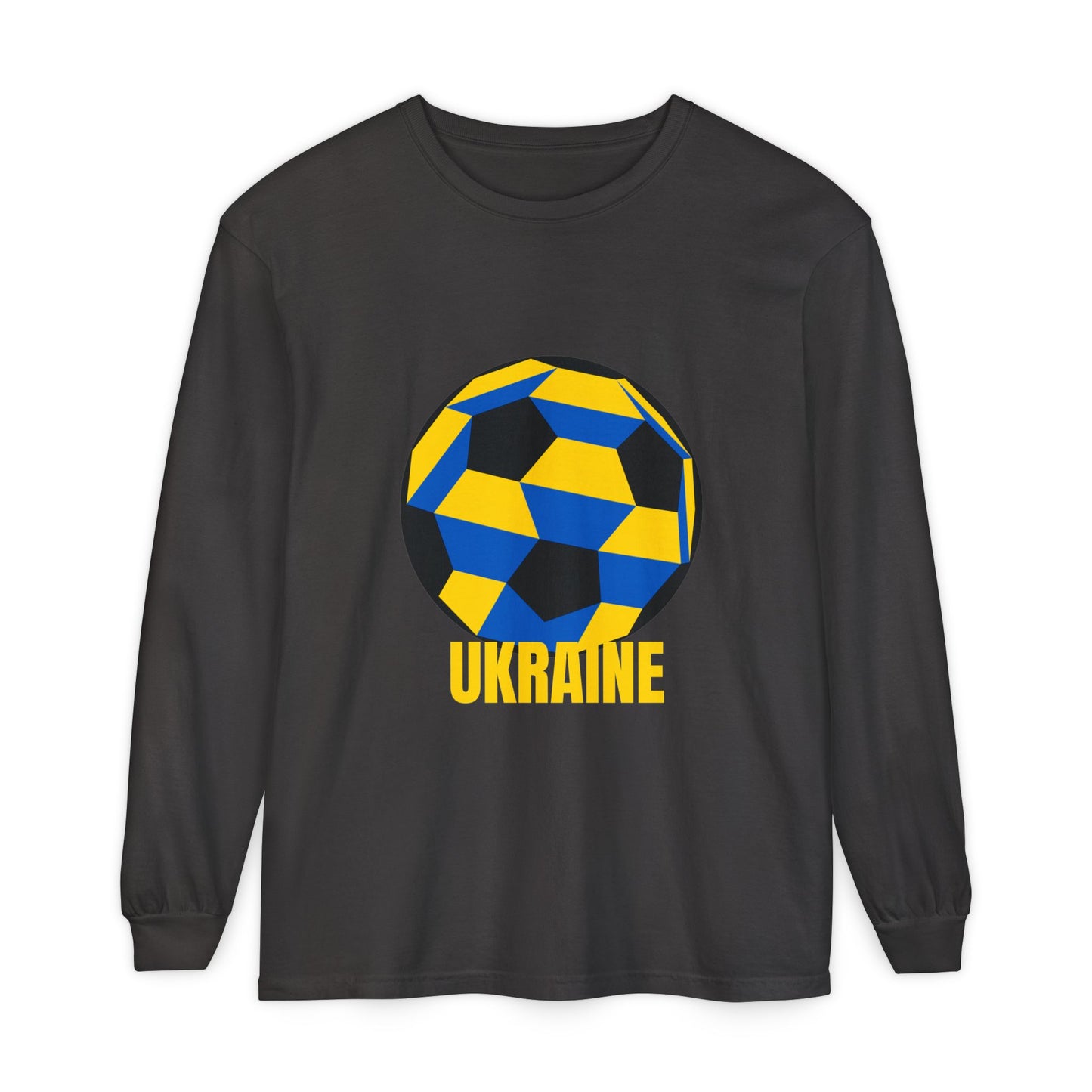 Ukraine Fan Specialty Soccer Ball Design Long Sleeve Tee Yellow Text