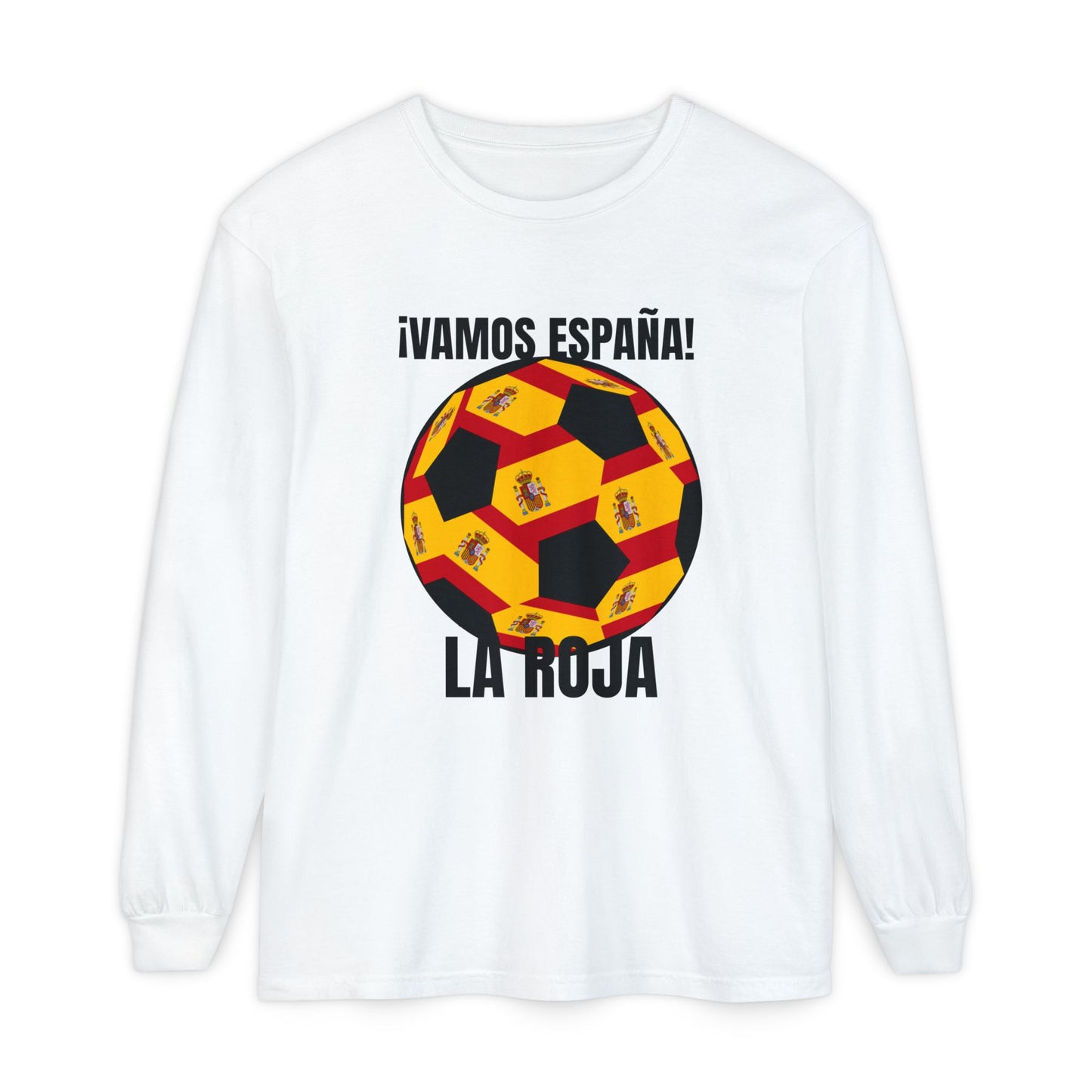 La Roja Soccer Long Sleeve Tee - ¡Vamos España! Stadium Fan Shirt Black Text