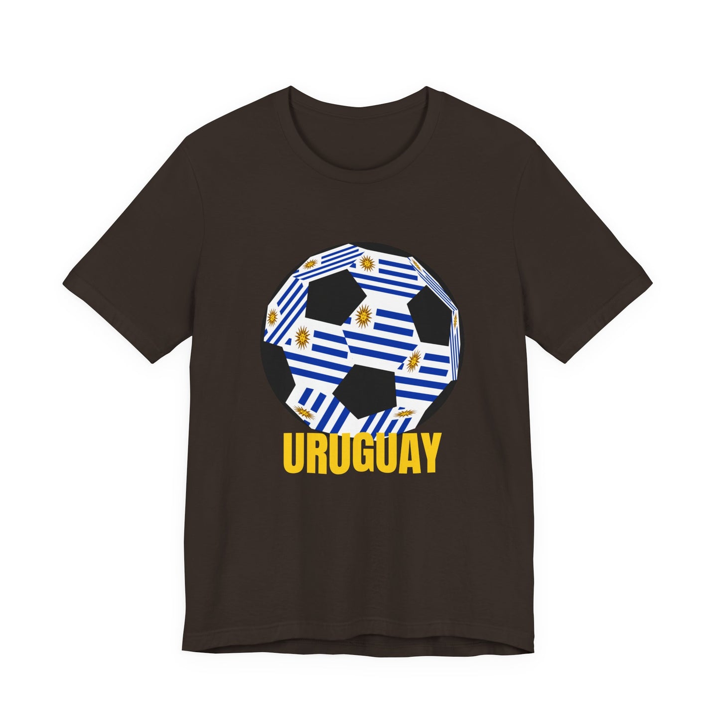 Uruguay Fan Specialty Soccer Ball Design T Shirt Gold Text