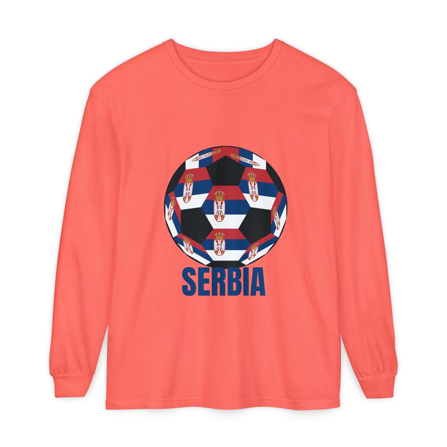 Serbia Fan Specialty Soccer Ball Design T Shirt Long Sleeve Shirt Blue Text