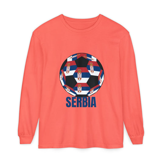 Serbia Fan Specialty Soccer Ball Design T Shirt Long Sleeve Shirt Blue Text