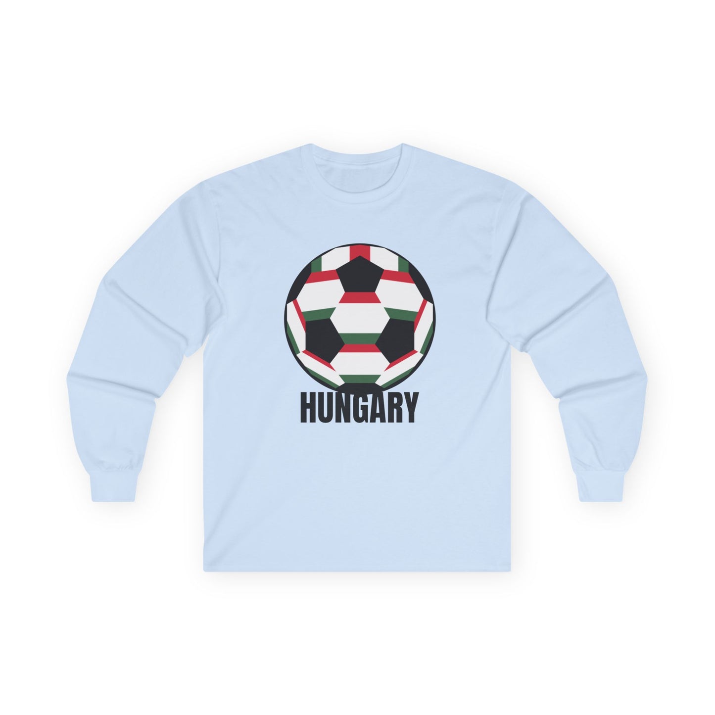 Hungary Fan Specialty Soccer Ball Design Long Sleeve T  Black Text