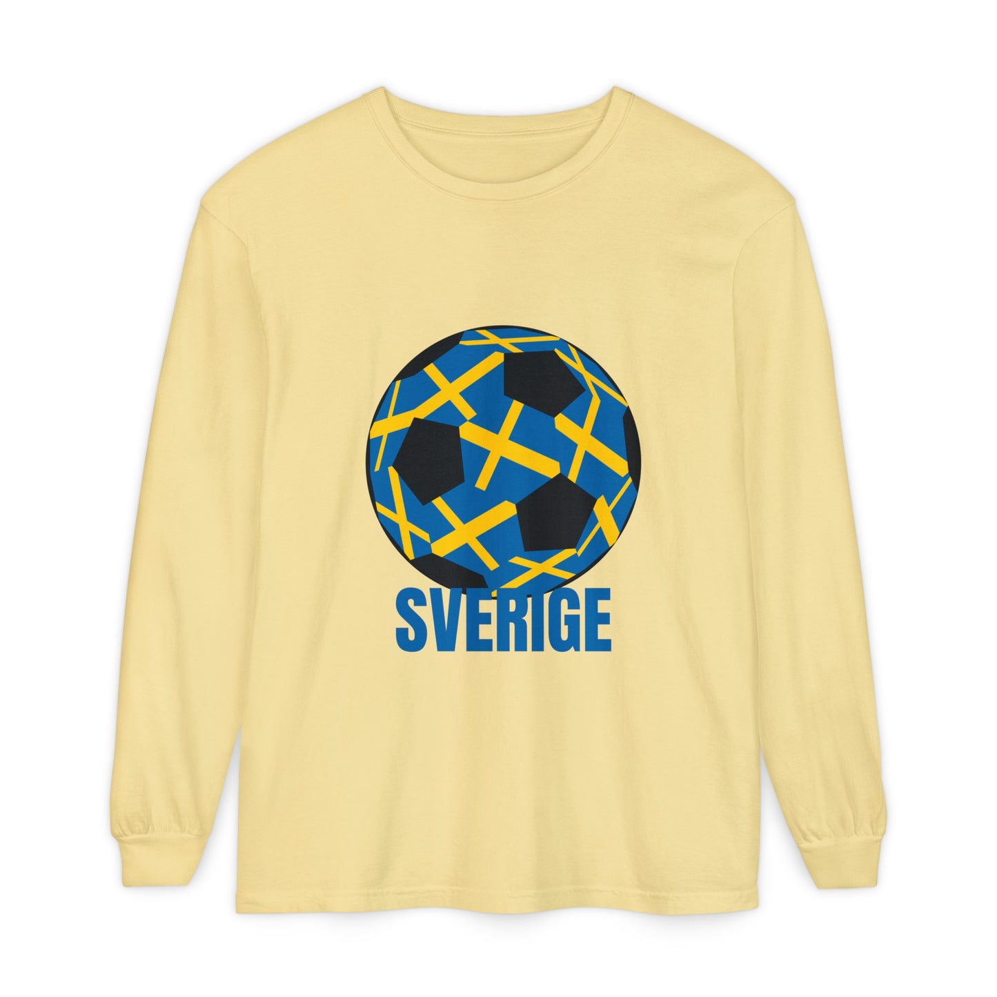 Sverige Fan Specialty Soccer Ball Design T Shirt Blue Text