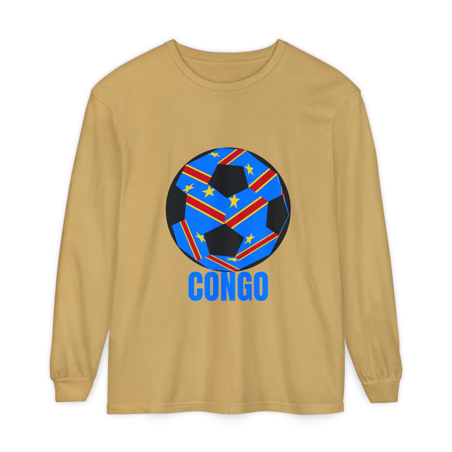 Congo Fan Specialty Soccer Ball Design T Shirt Long Sleeve Tee Blue Text