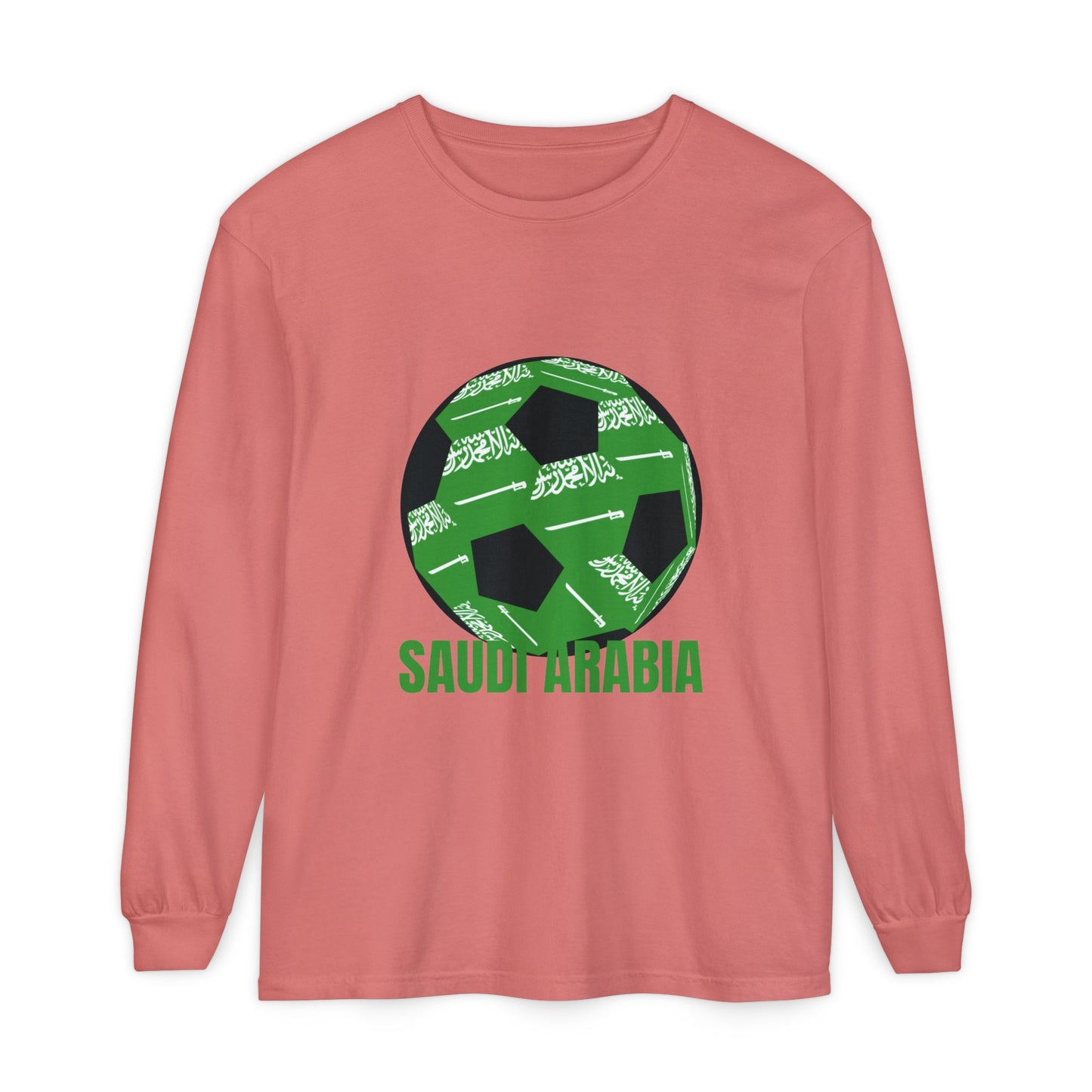 Saudi Arabia Fan Specialty Soccer Ball Design T Shirt Long Sleeve Tee Green Text