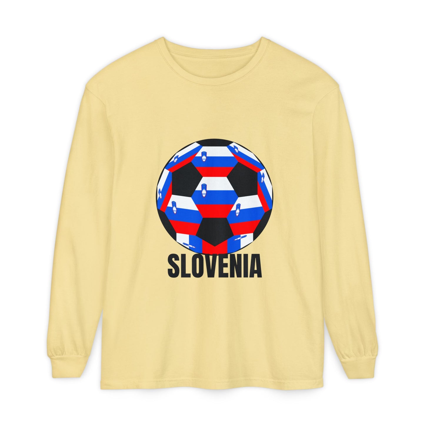 Slovenia Fan Specialty Soccer Ball Design Long Sleeve Tee Black Text