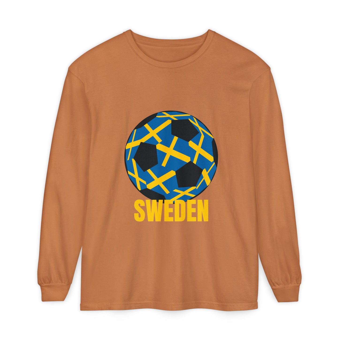 Sweden Fan Specialty Soccer Ball Design T Shirt  Long Sleeve Tee Gold Text