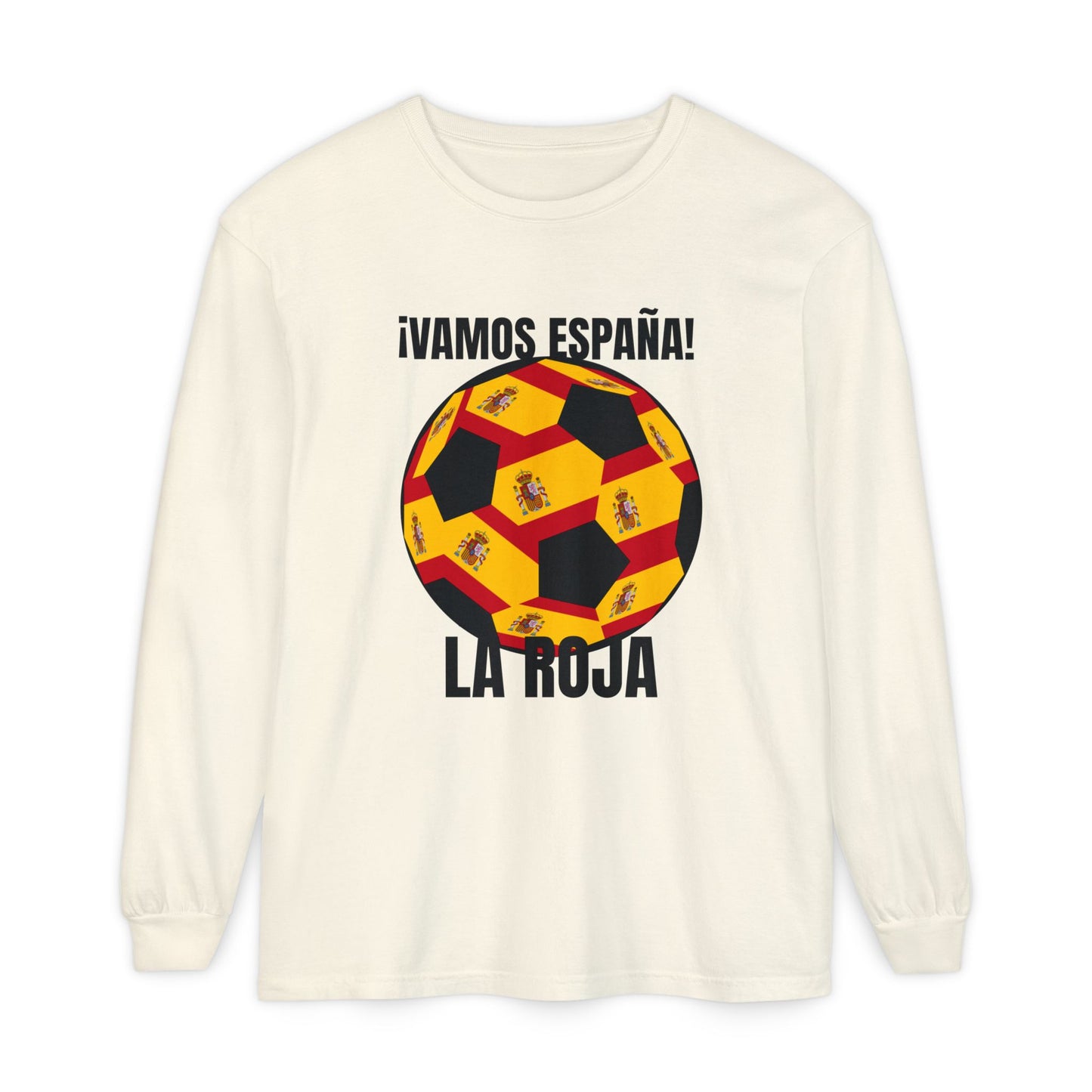 La Roja Soccer Long Sleeve Tee - ¡Vamos España! Stadium Fan Shirt Black Text