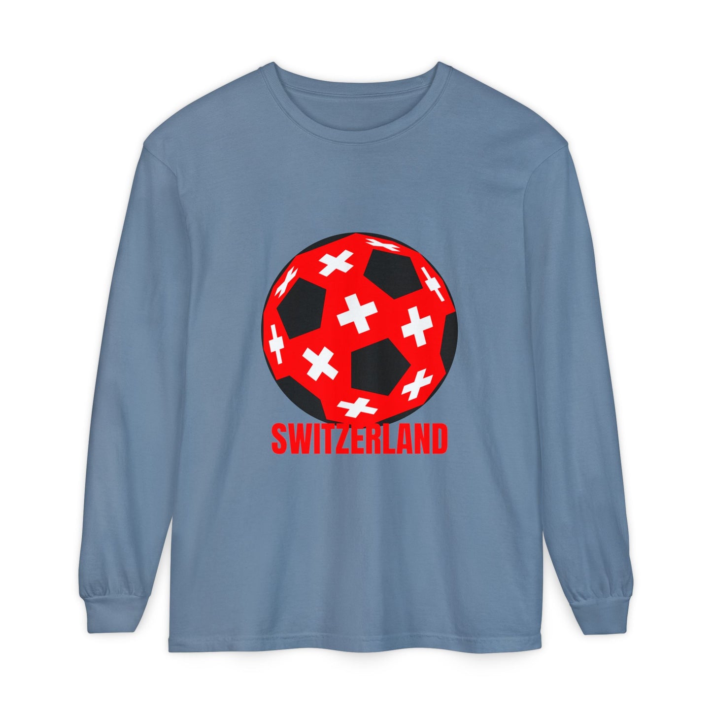 Switzerland Fan Specialty Soccer Ball Design T Shirt Long Sleeve Tee Red Text