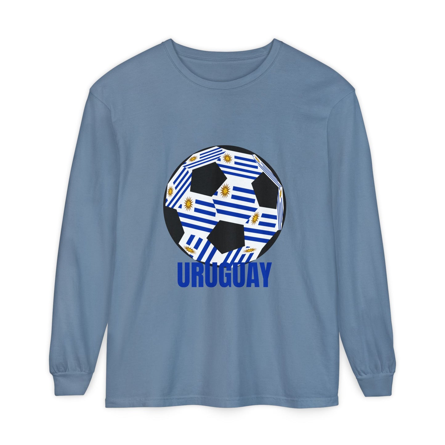 Uruguay Fan Specialty Soccer Ball Design Long Sleeve T-Shirt Blue Text