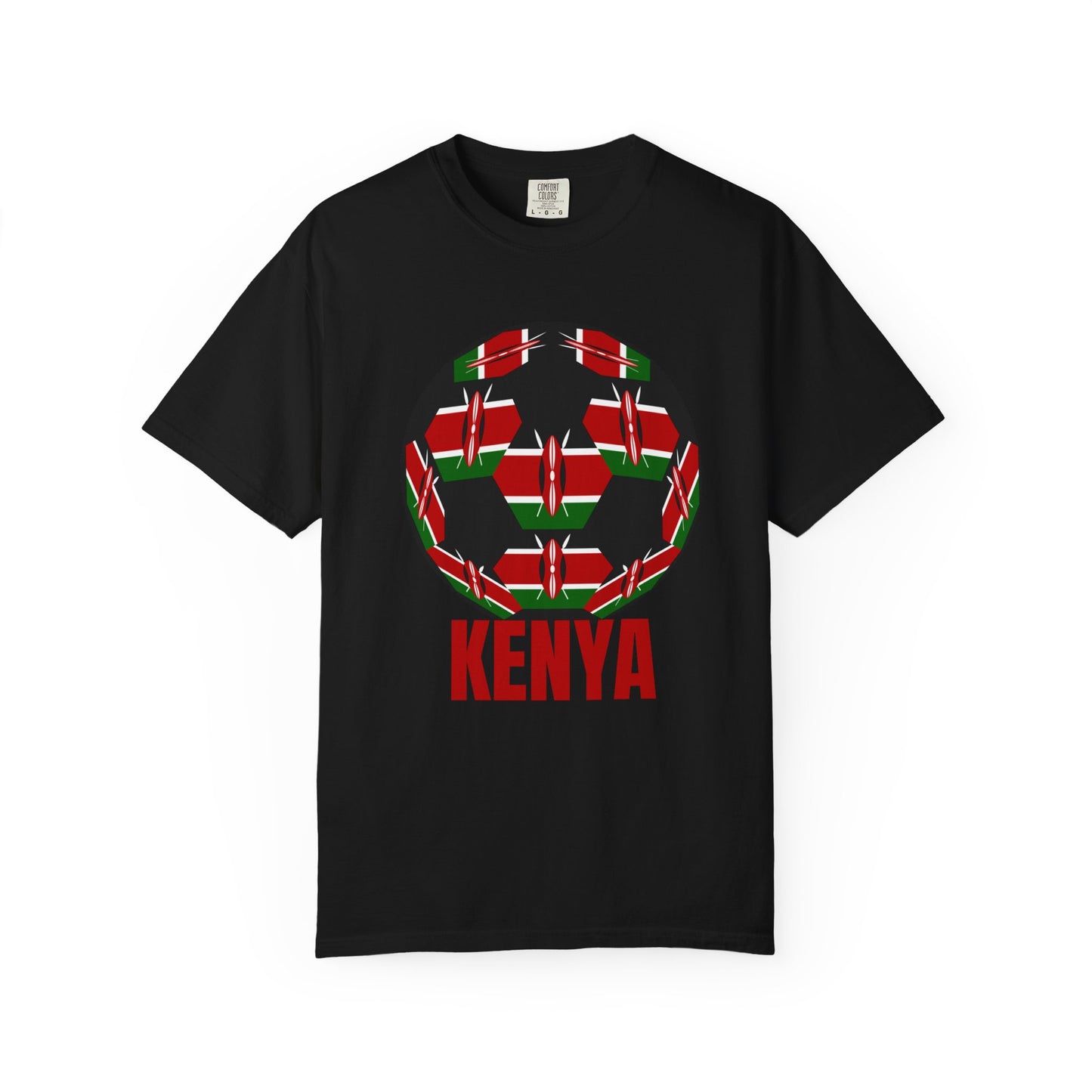 Kenya Fan Specialty Soccer Ball Design T Shirt Red Text