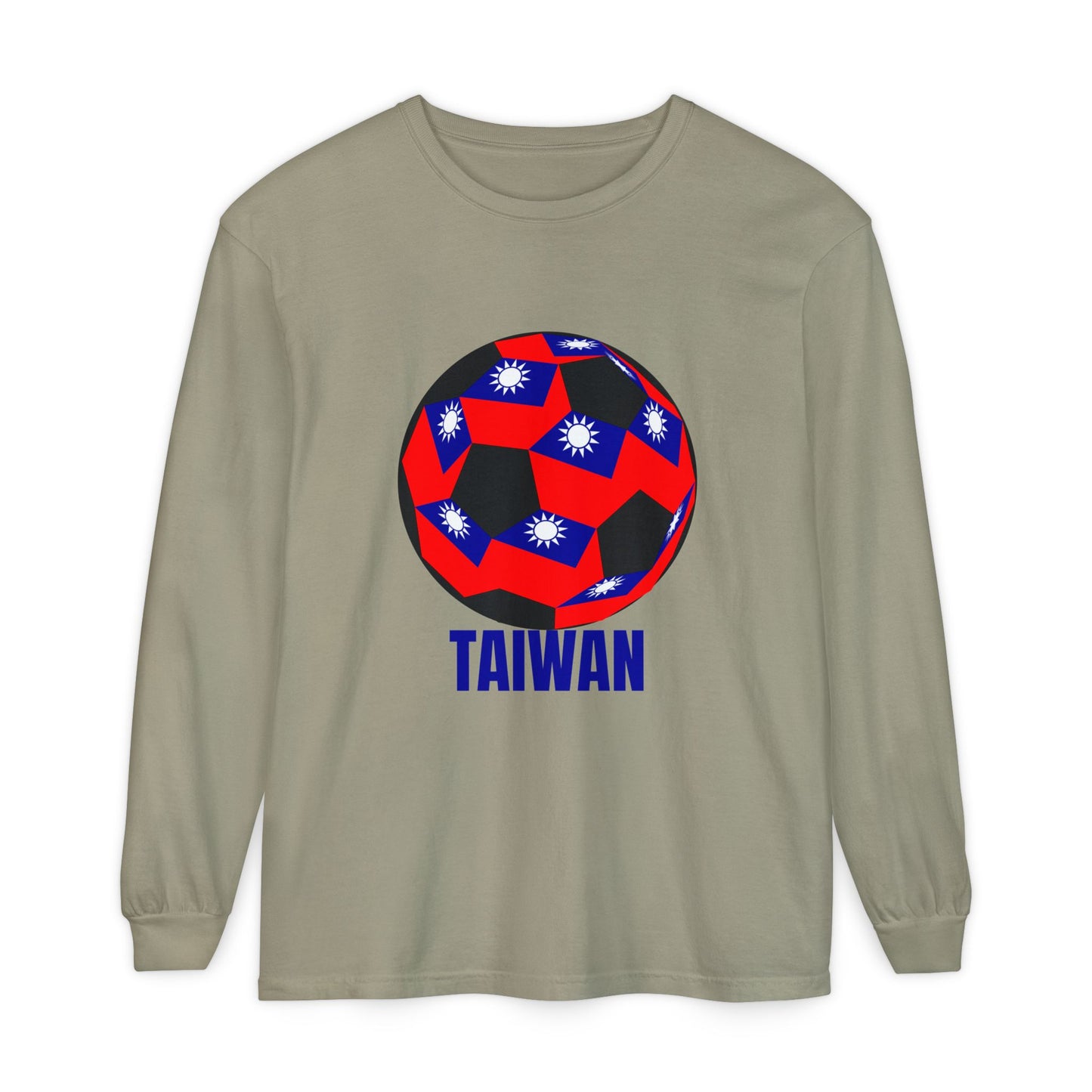 Taiwan Flag Design Soccer Ball Long Sleeve Tee Blue Text