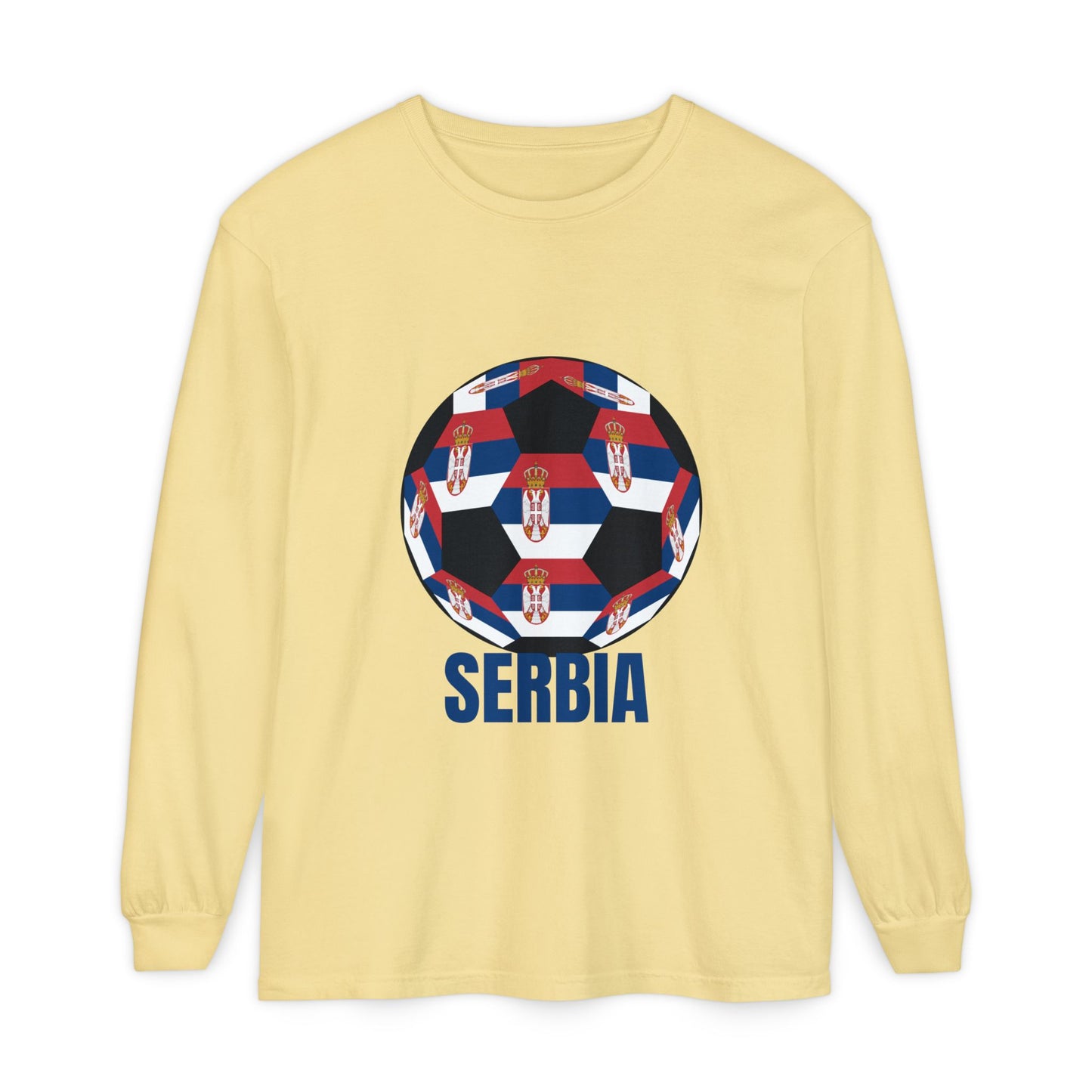 Serbia Fan Specialty Soccer Ball Design T Shirt Long Sleeve Shirt Blue Text