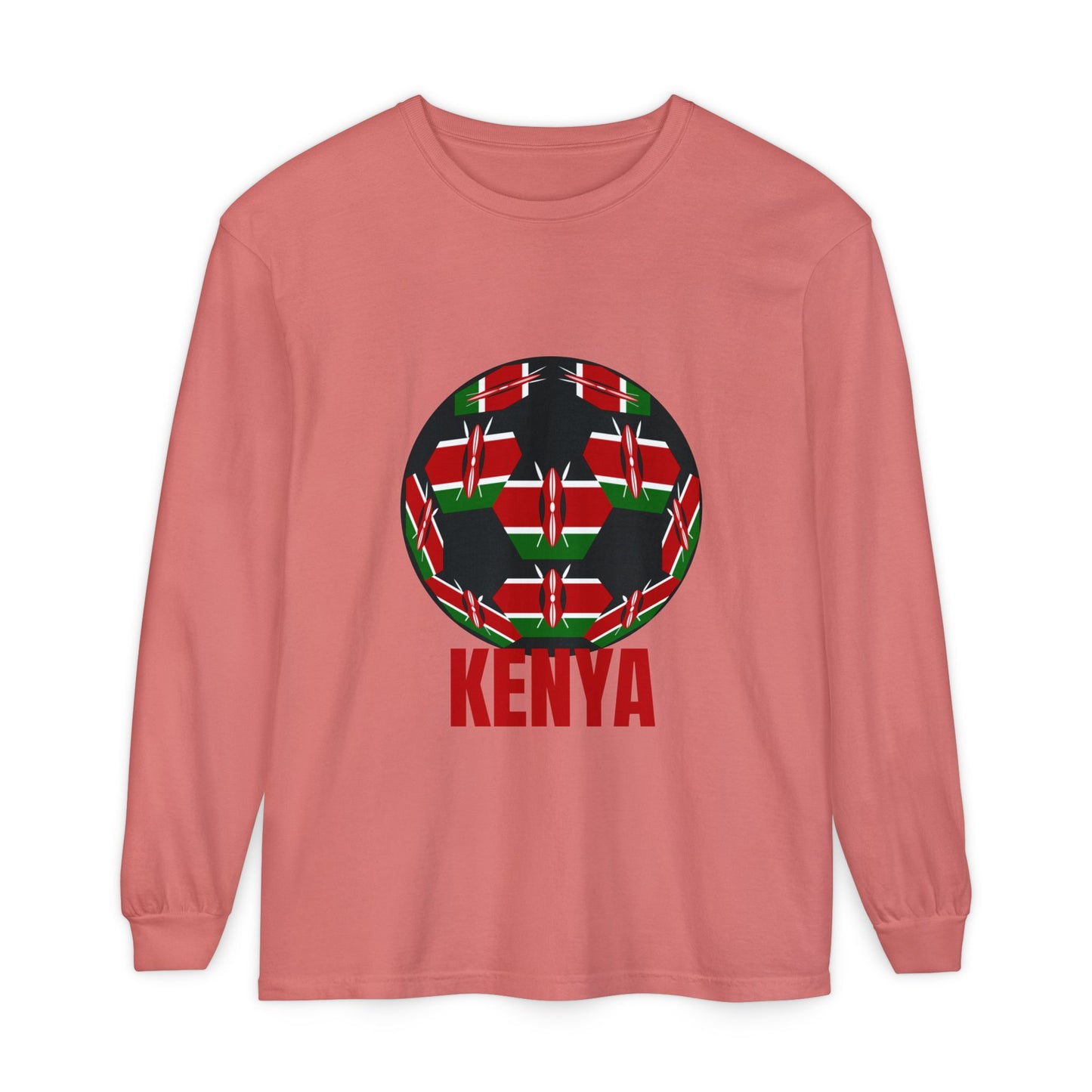 Kenya Fan Specialty Soccer Ball Design T Shirt Long Sleeve Red Text