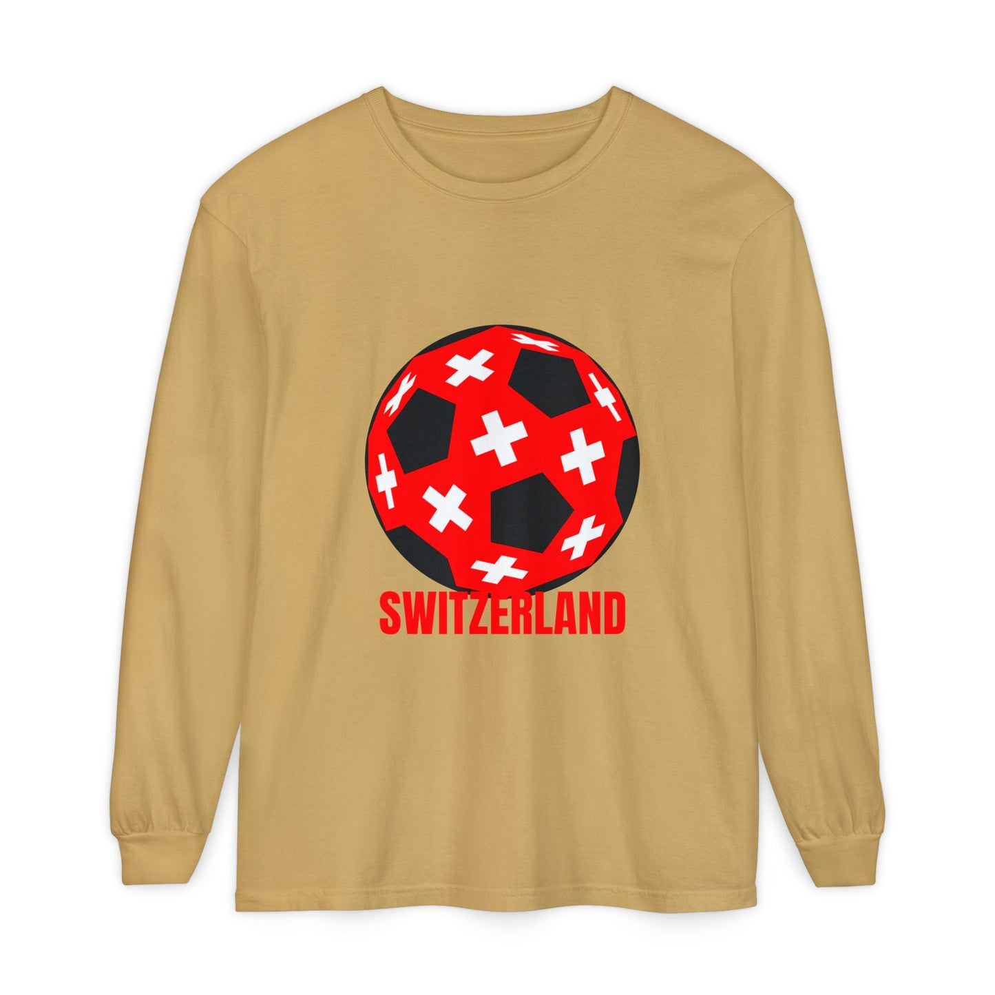 Switzerland Fan Specialty Soccer Ball Design T Shirt Long Sleeve Tee Red Text