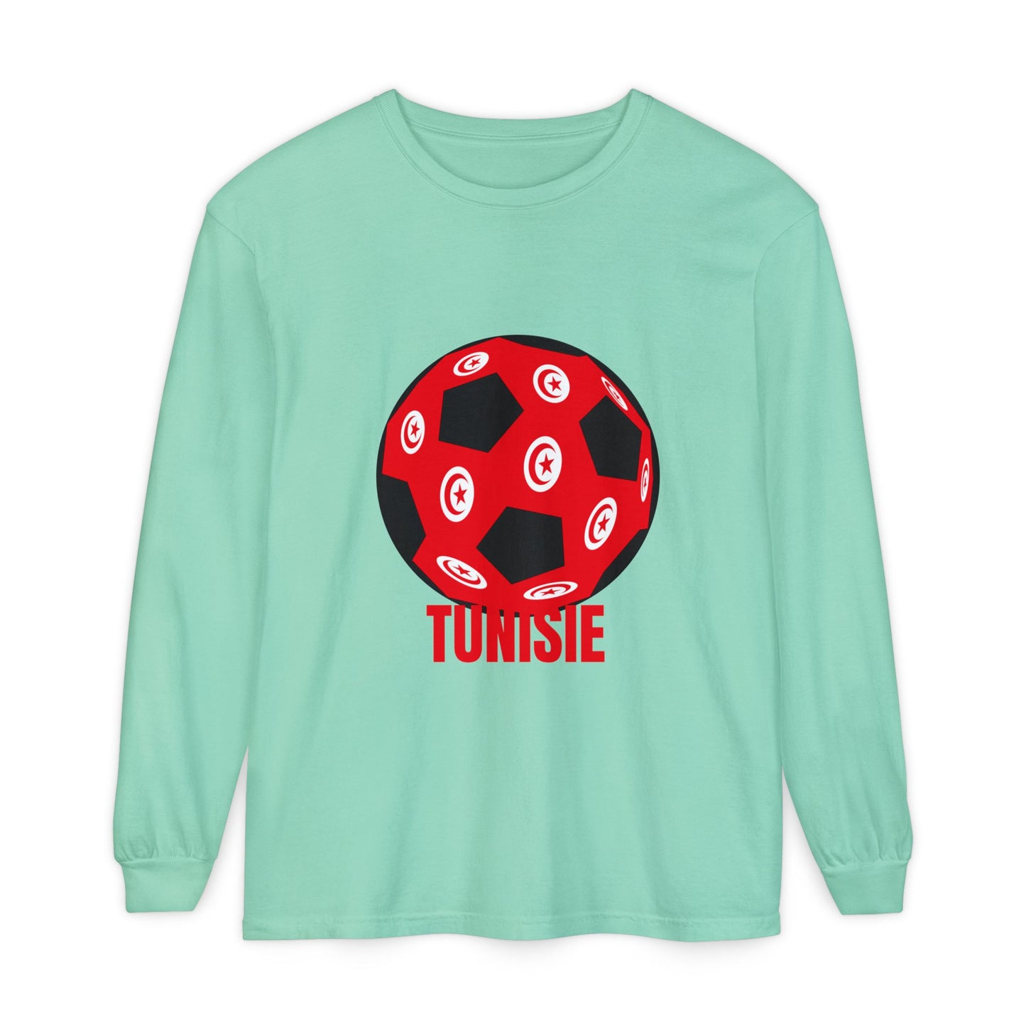 Tunisie Fan Specialty Soccer Ball Design T Shirt Long Sleeve Tee Red Text