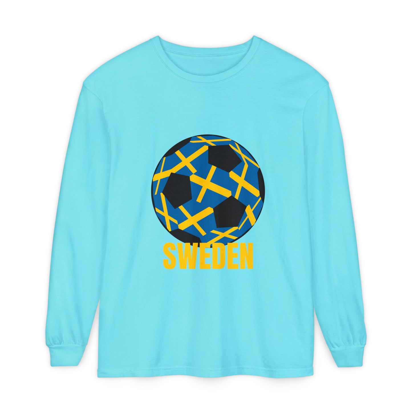 Sweden Fan Specialty Soccer Ball Design T Shirt  Long Sleeve Tee Gold Text
