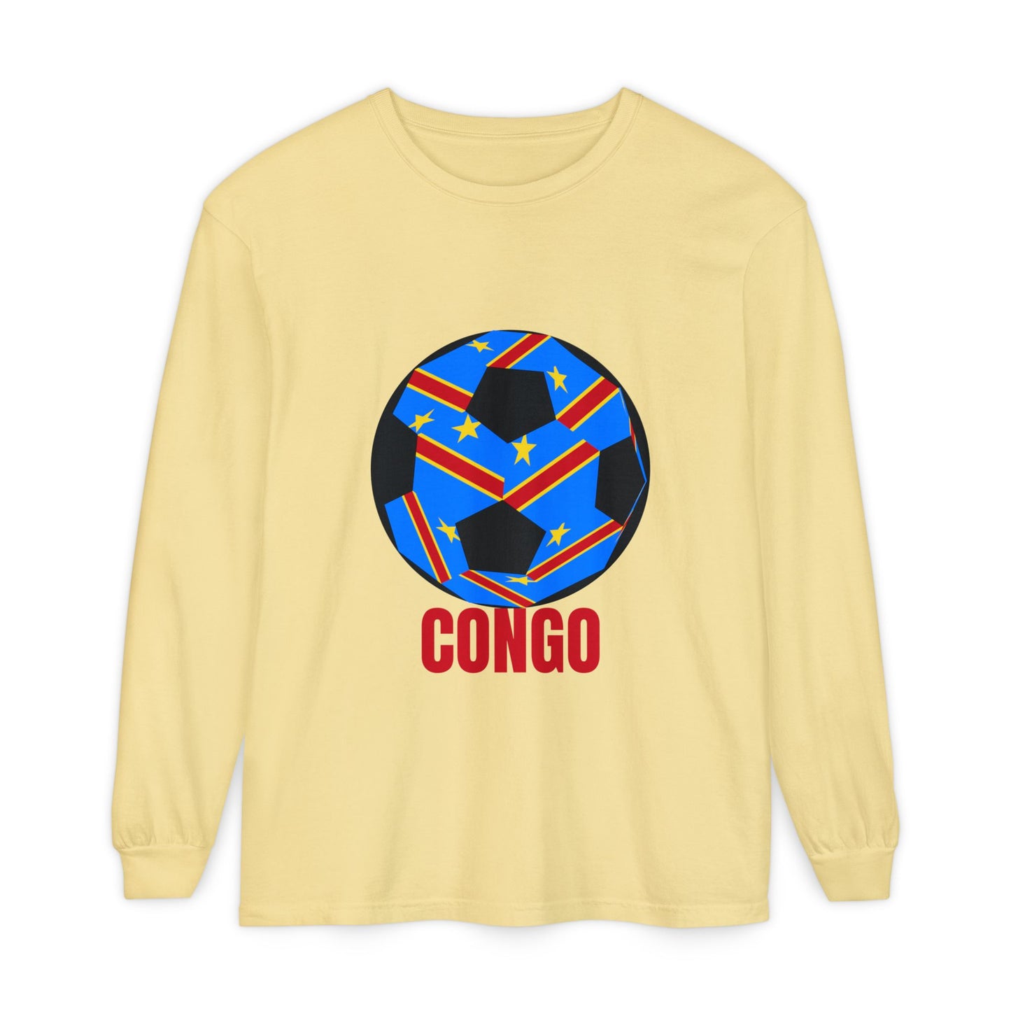 Congo Fan Specialty Soccer Ball Design T Shirt Long Sleeve Tee Red Text