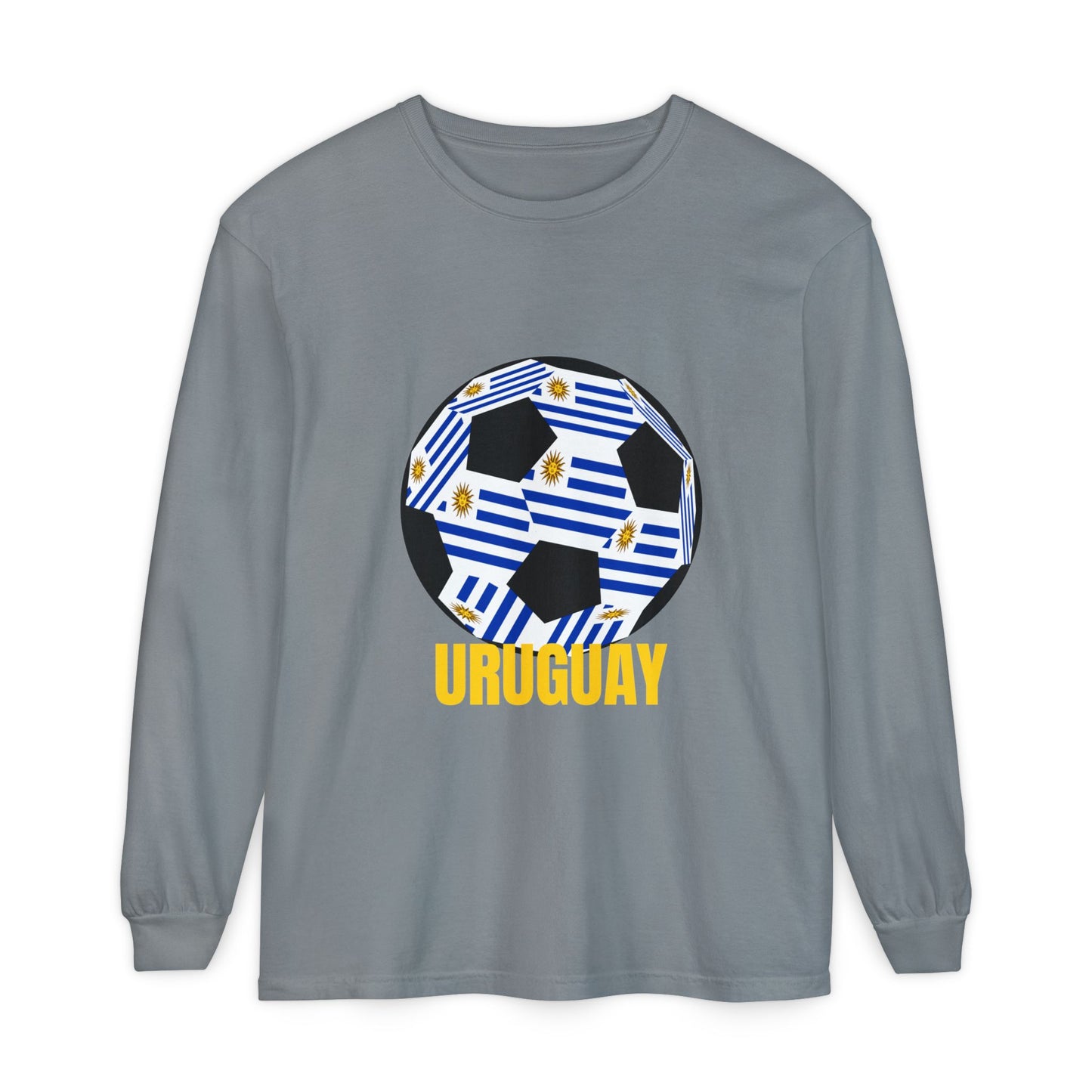 Uruguay Fan Specialty Soccer Ball Design Long Sleeve T Shirt Gold Text