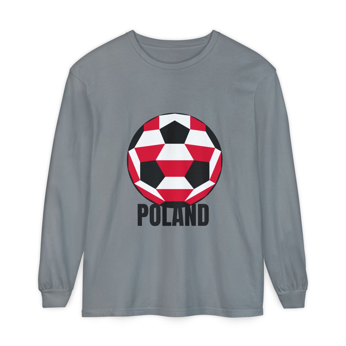 Poland Fan Specialty Soccer Ball Design T Shirt Long Sleeve Shirt Black Text