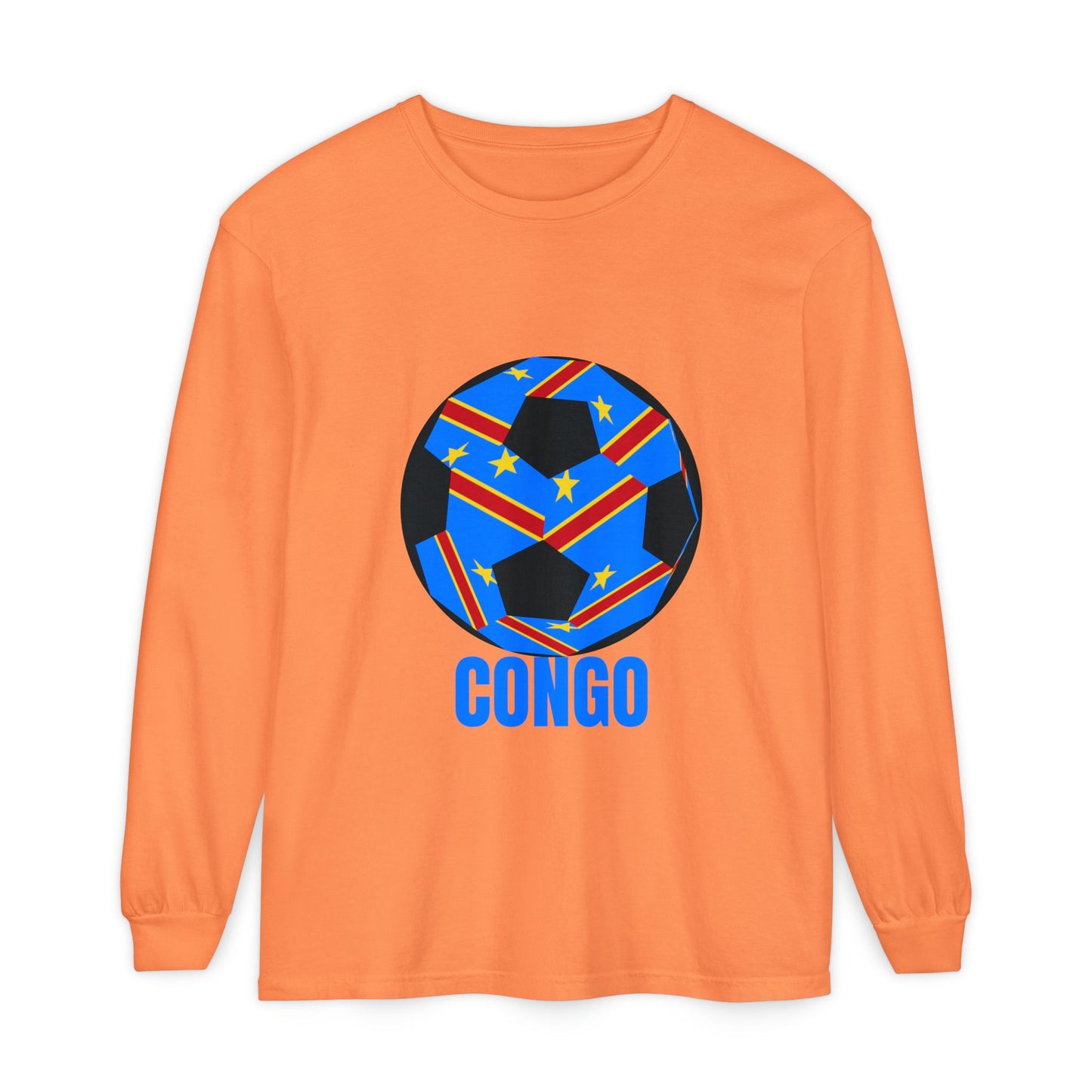 Congo Fan Specialty Soccer Ball Design T Shirt Long Sleeve Tee Blue Text