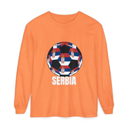 Serbia Fan Specialty Soccer Ball Design T Shirt Long Sleeve Tee White Text