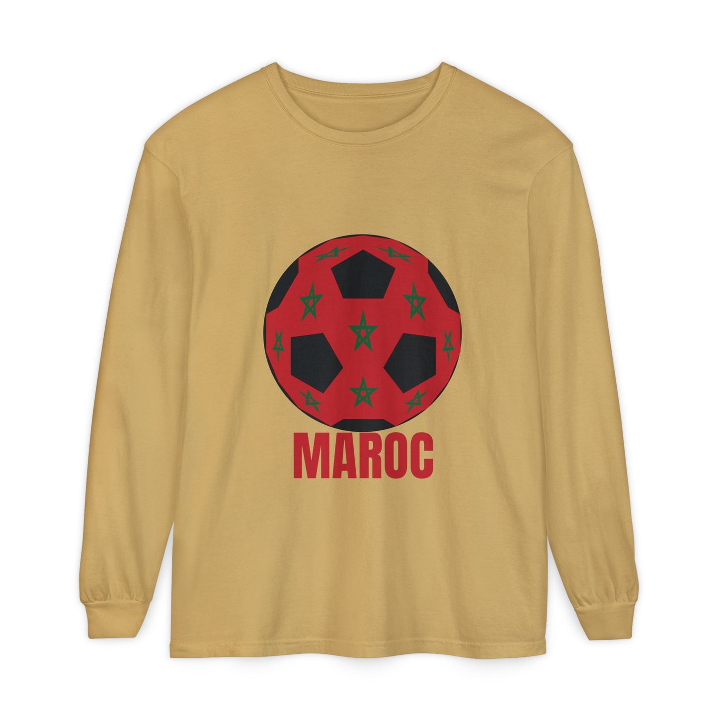Morocco Maroc Fan Specialty Soccer Ball Design T Shirt Long Sleeve Tee Red Print