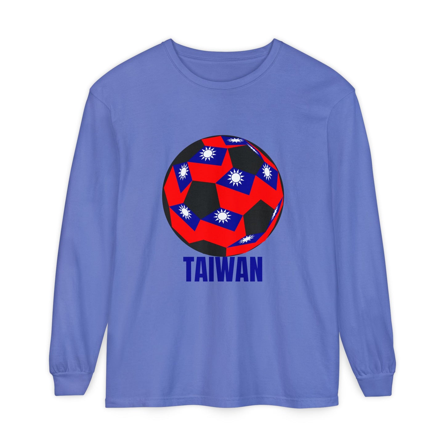 Taiwan Flag Design Soccer Ball Long Sleeve Tee Blue Text