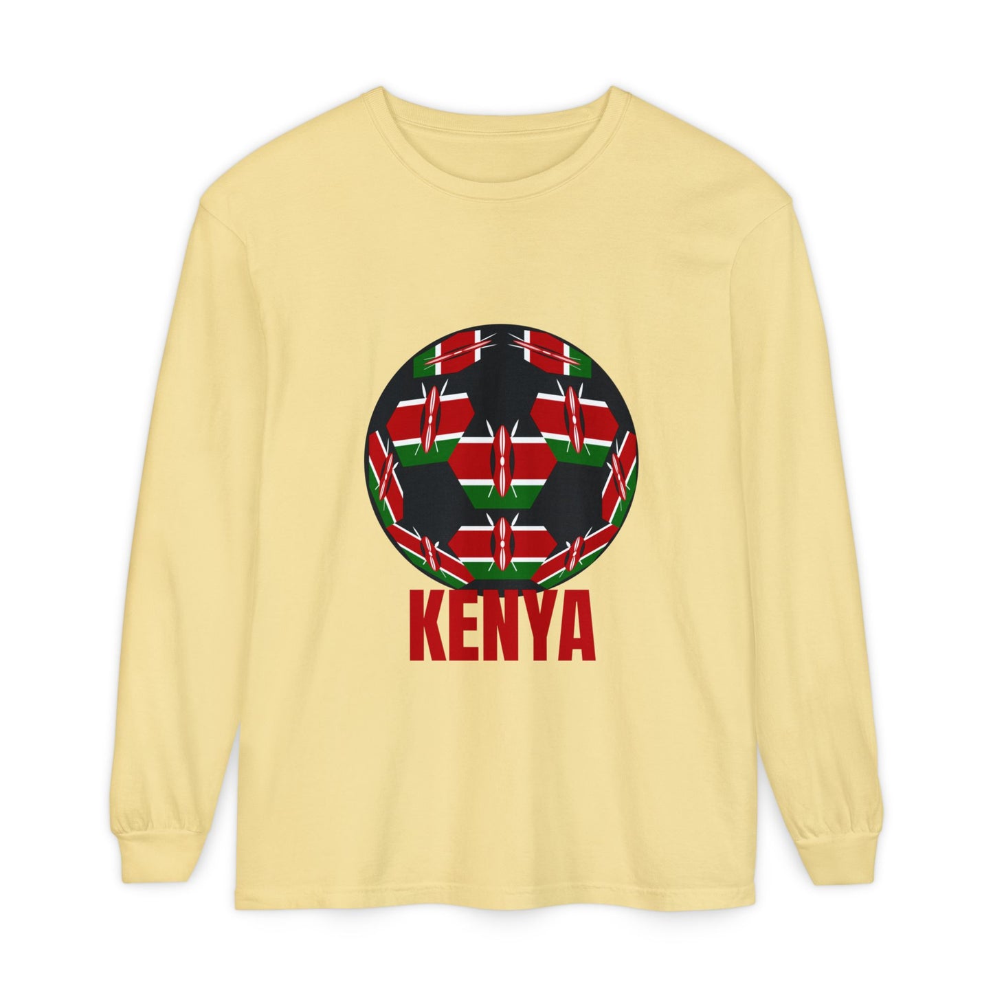 Kenya Fan Specialty Soccer Ball Design T Shirt Long Sleeve Red Text