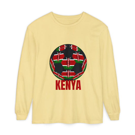 Kenya Fan Specialty Soccer Ball Design T Shirt Long Sleeve Red Text