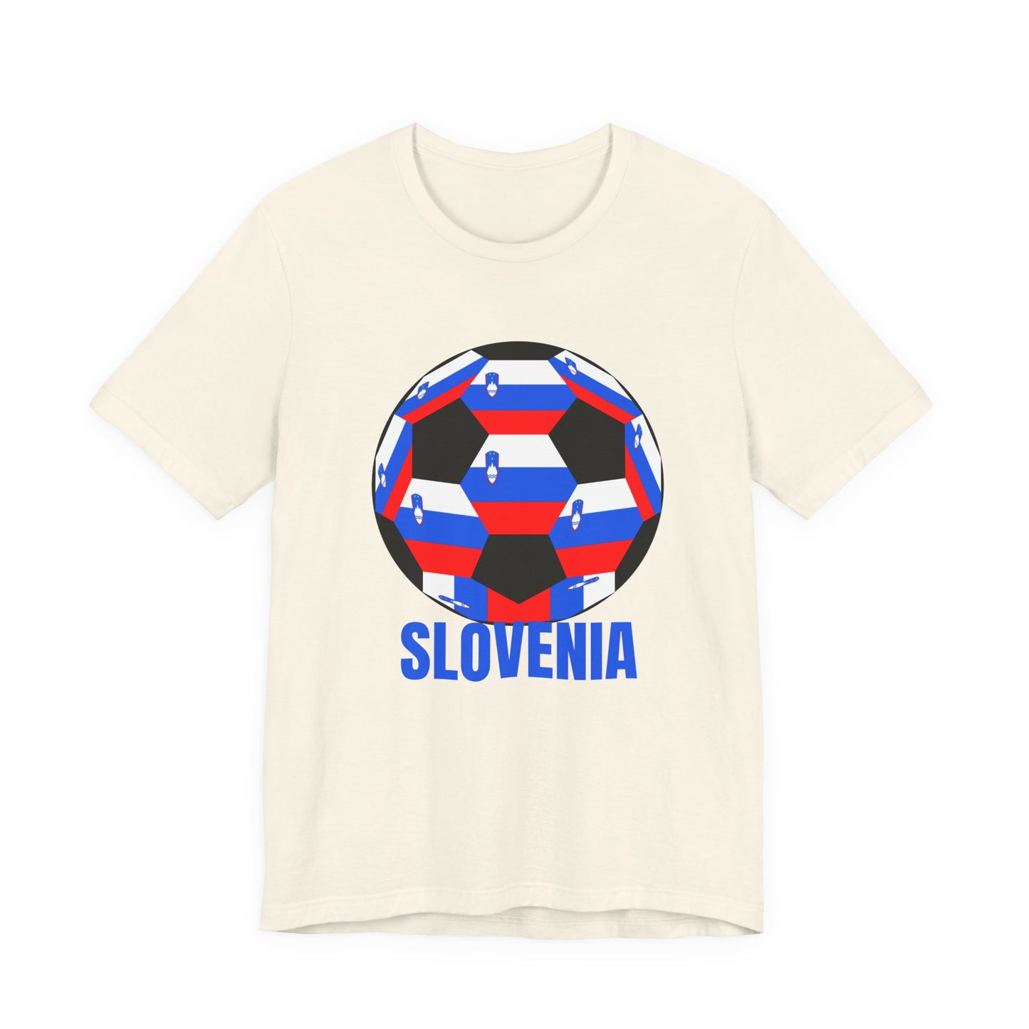 Slovenia Fan Specialty Soccer Ball Design T Shirt Blue Text