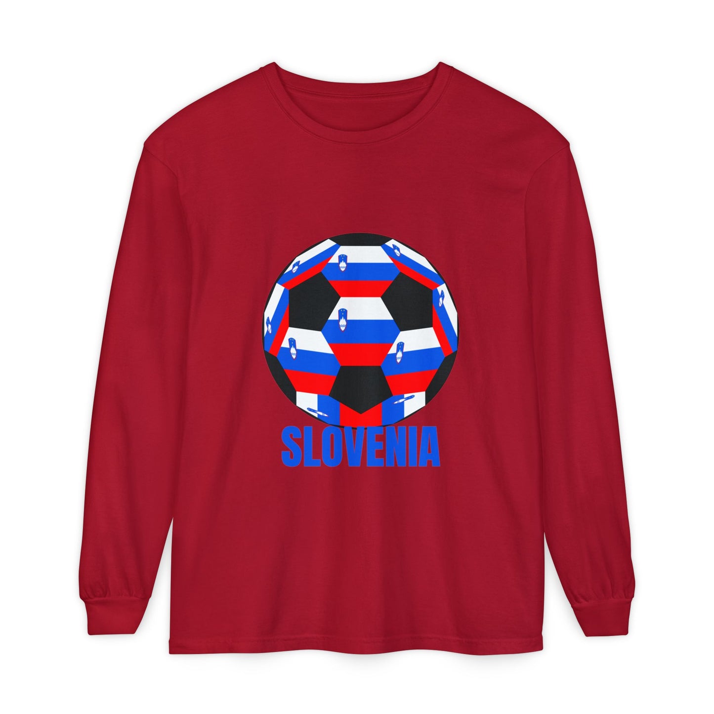 Slovenia Fan Specialty Soccer Ball Design Long Sleeve T-Shirt Blue Text