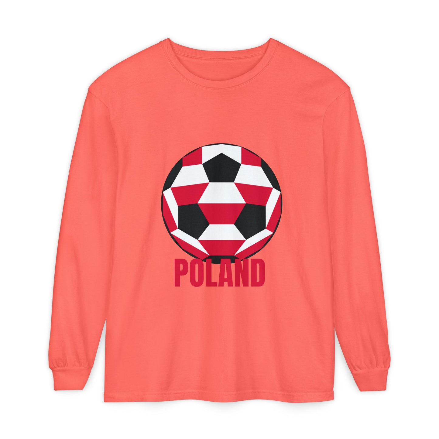 Poland Fan Specialty Soccer Ball Design T Shirt Long Sleeve T-Shirt Red Text