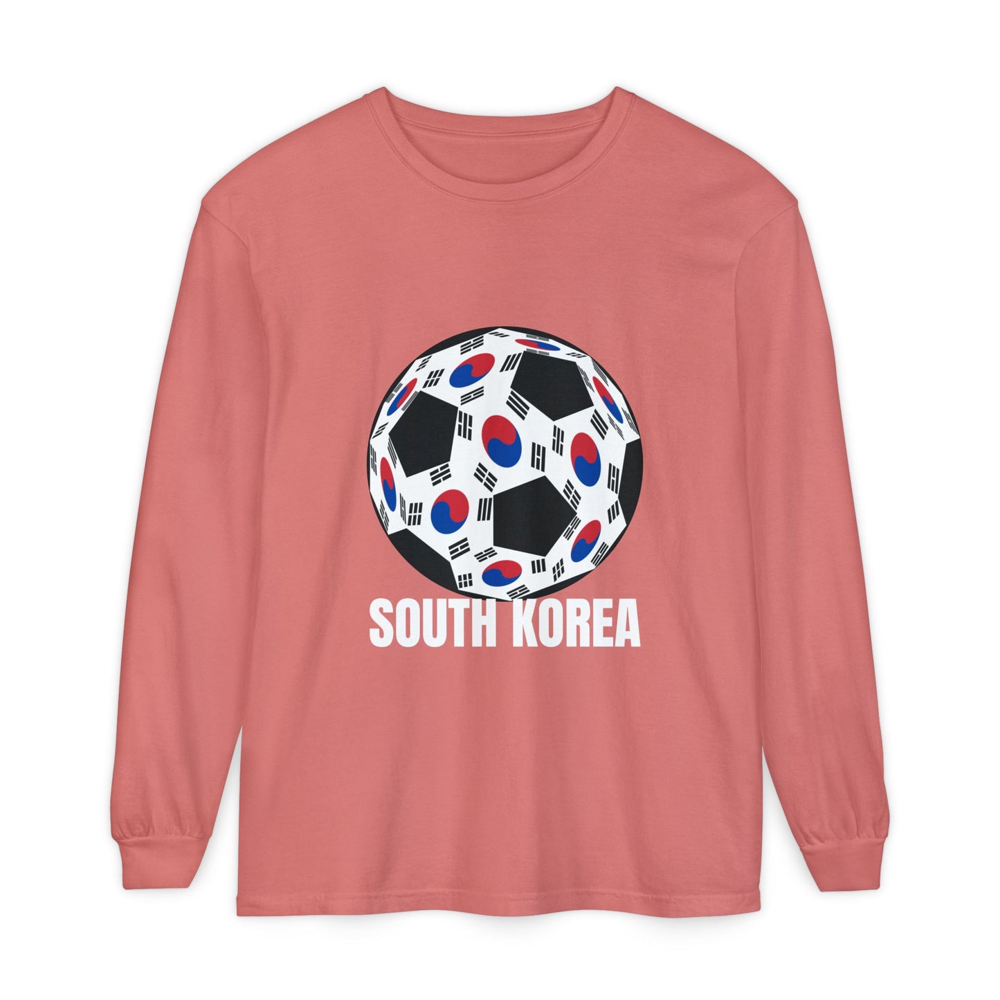 South Korea Fan Specialty Soccer Ball Design T Shirt Long Sleeve Tee White Text