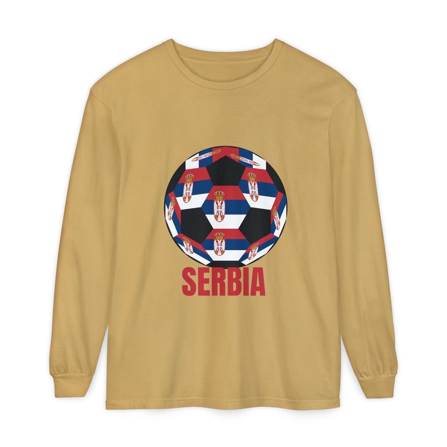 Serbia Fan Specialty Soccer Ball Design T Shirt Long Sleeve Tee Red Text