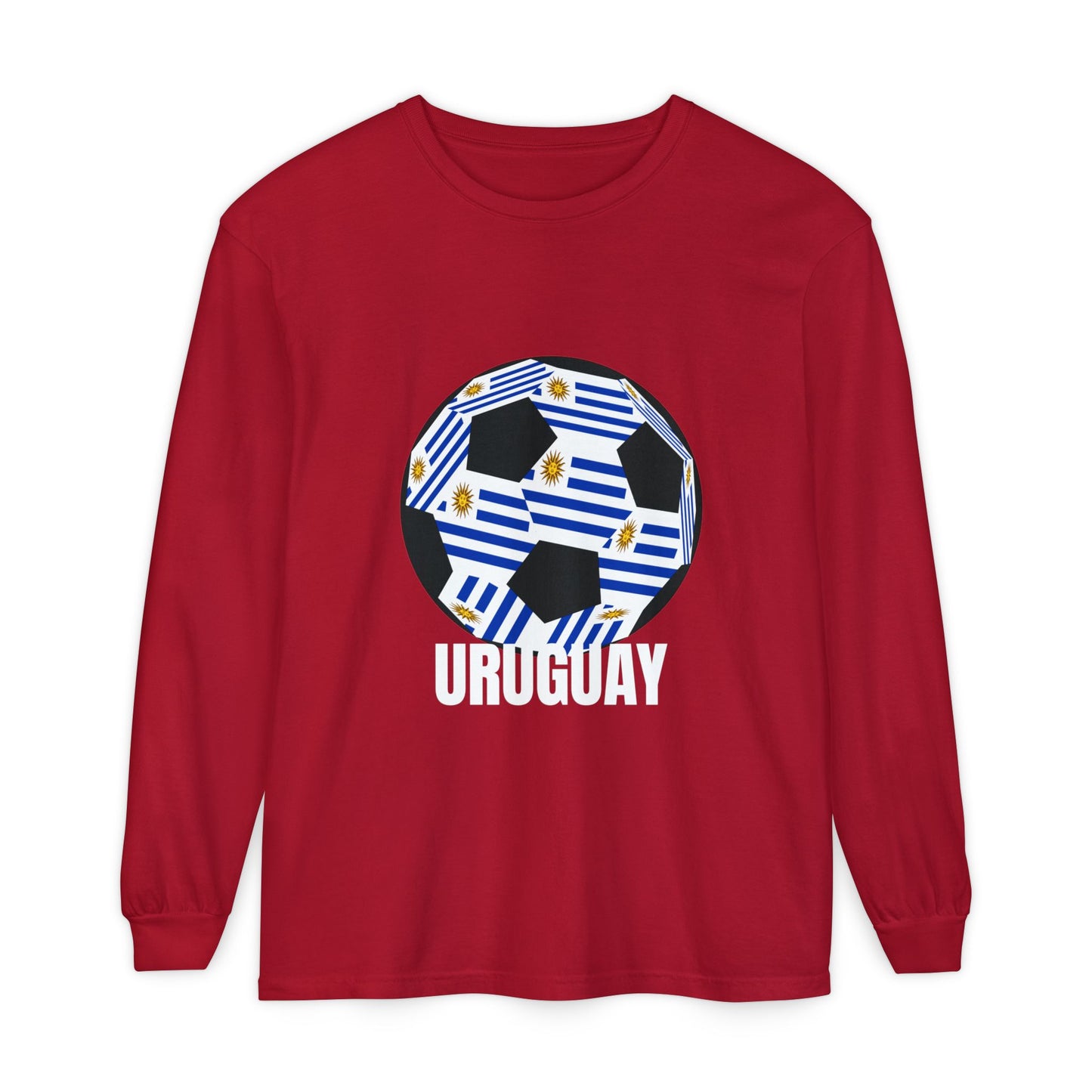 Uruguay Fan Specialty Soccer Ball Design Long Sleeve T‑Shirt White Text