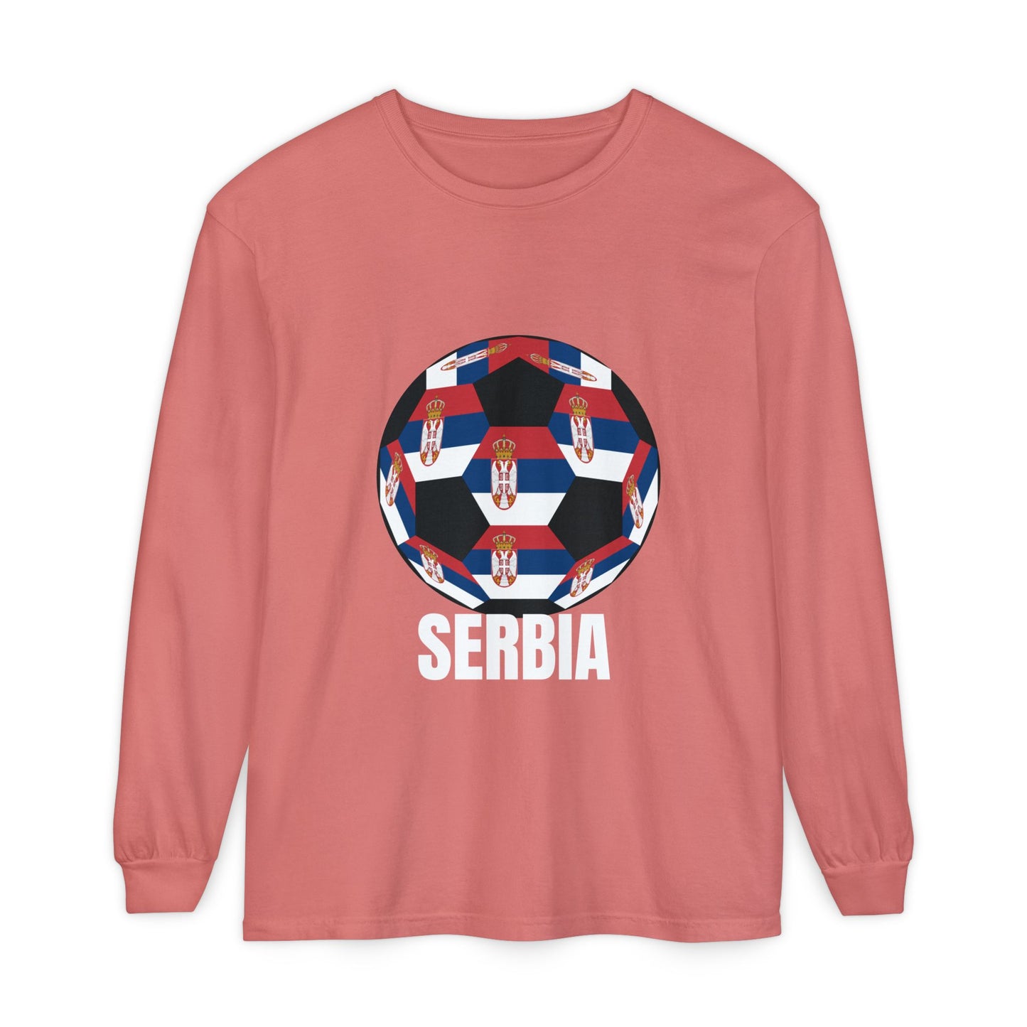 Serbia Fan Specialty Soccer Ball Design T Shirt Long Sleeve Tee White Text