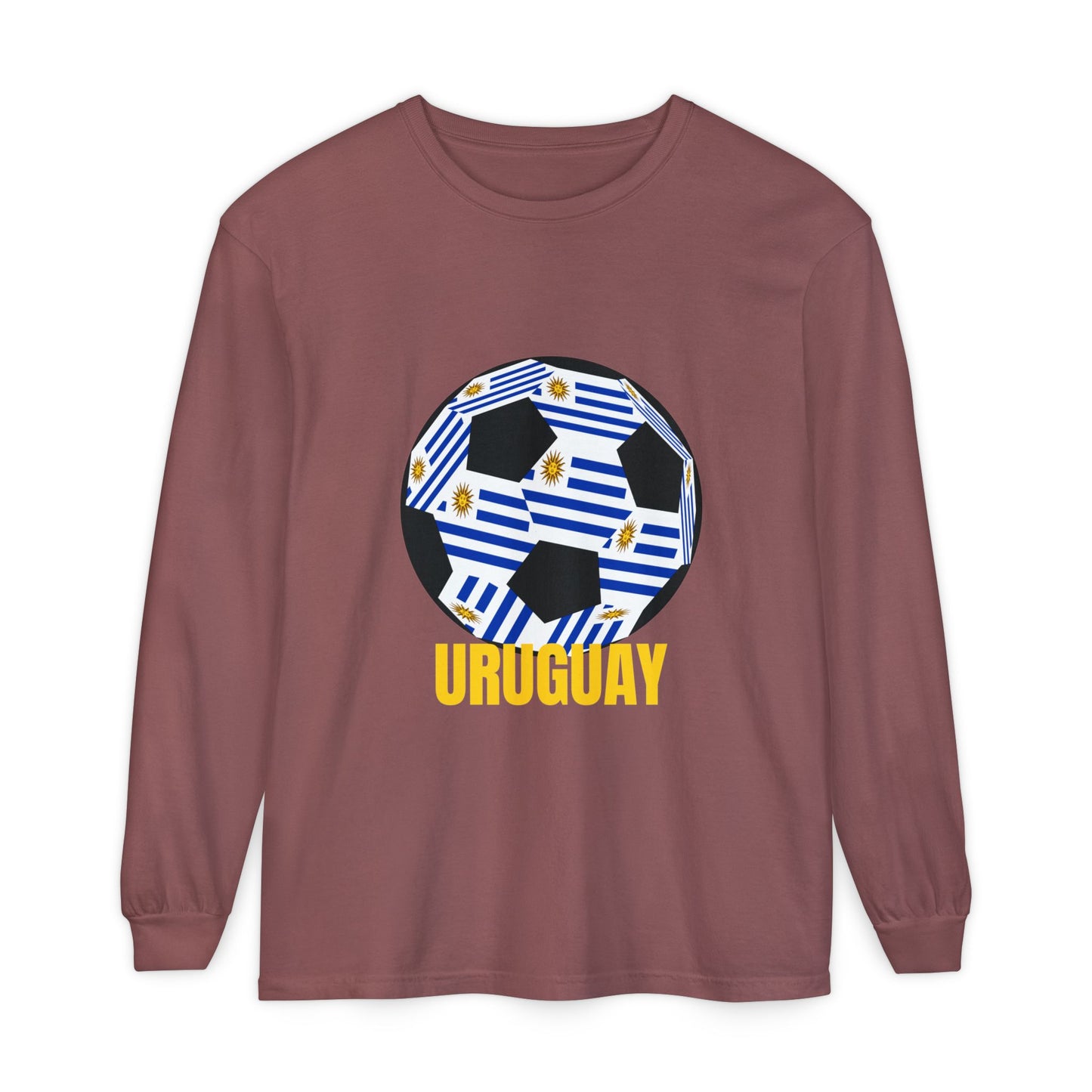 Uruguay Fan Specialty Soccer Ball Design Long Sleeve T Shirt Gold Text